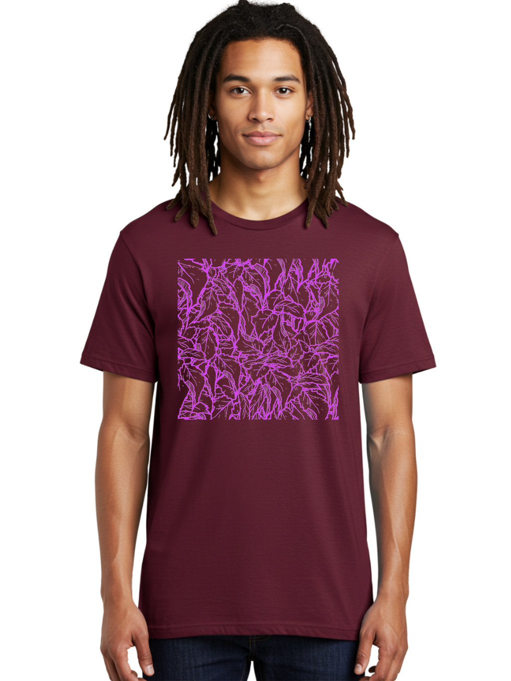 Tropical-Foliage Men'S Graphic Tee, 100% Cotton, Comfortable Casual Summer Wear, Machine Washable, Tropical Leaves, Leaf Pattern, Neon Pink, Cyan Background, Abstract Design, Botanical Art, Vibrant Colors, Summer Feel, Exotic Plants, Aac427