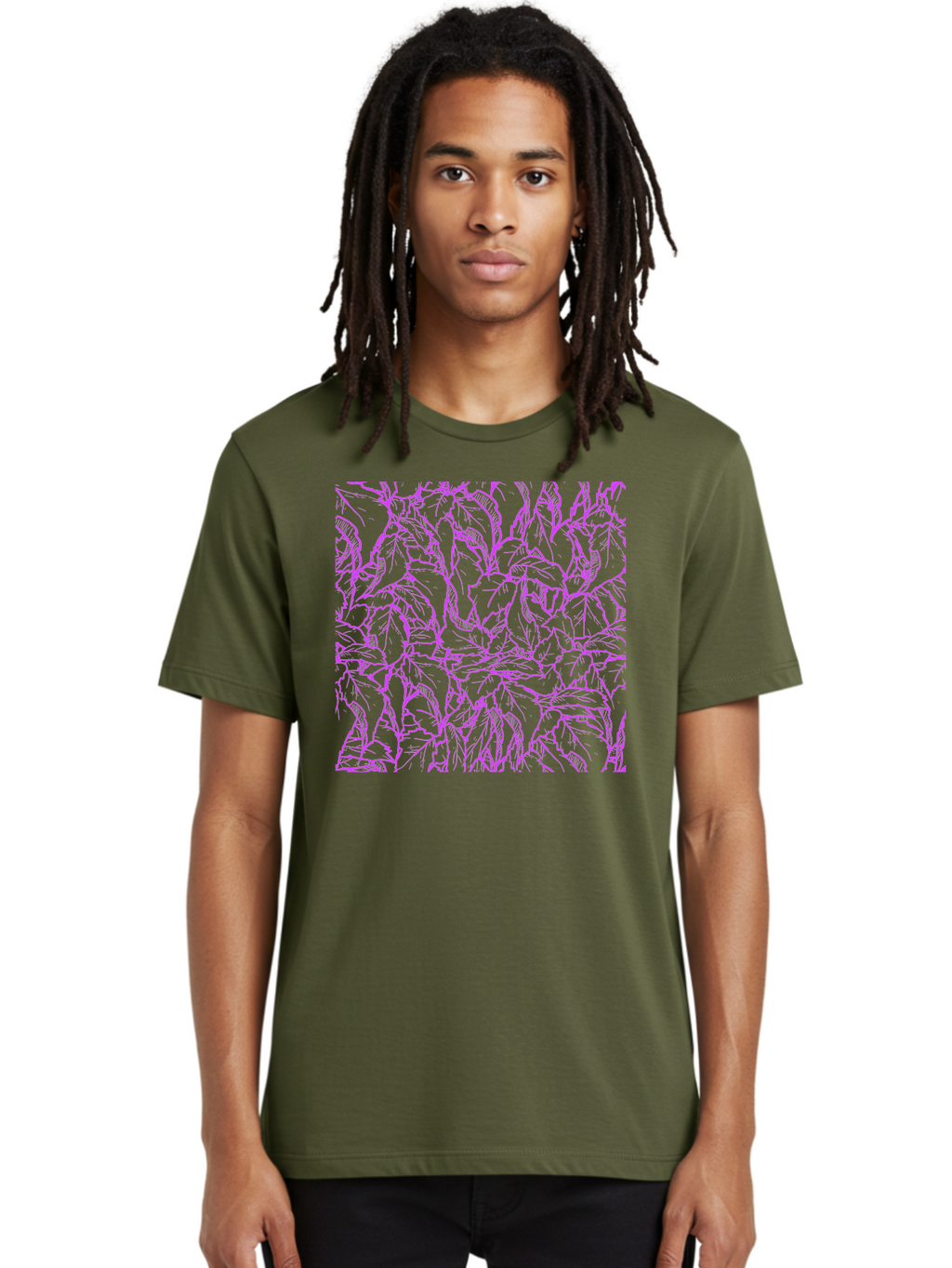 Tropical-Foliage Men'S Graphic Tee, 100% Cotton, Comfortable Casual Summer Wear, Machine Washable, Tropical Leaves, Leaf Pattern, Neon Pink, Cyan Background, Abstract Design, Botanical Art, Vibrant Colors, Summer Feel, Exotic Plants, Aac427