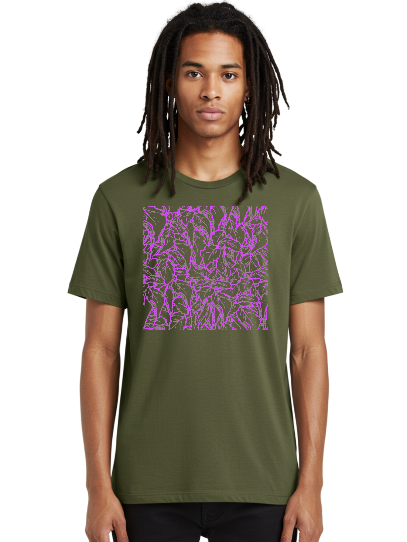 Tropical-Foliage Men'S Graphic Tee, 100% Cotton, Comfortable Casual Summer Wear, Machine Washable, Tropical Leaves, Leaf Pattern, Neon Pink, Cyan Background, Abstract Design, Botanical Art, Vibrant Colors, Summer Feel, Exotic Plants, Aac427