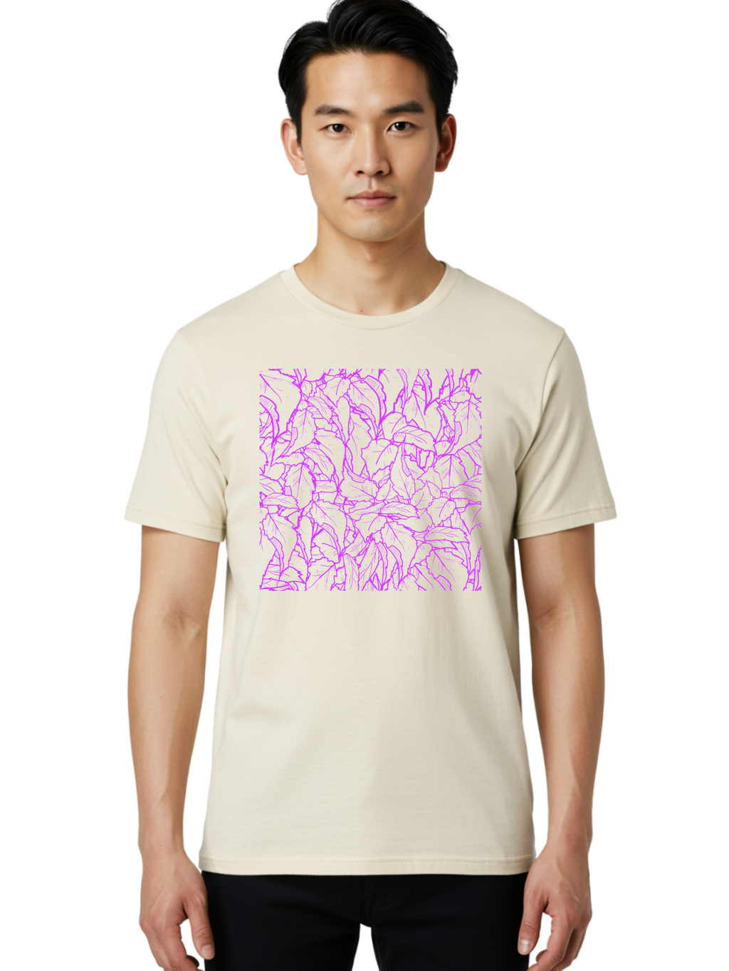 Tropical-Foliage Men'S Graphic Tee, 100% Cotton, Comfortable Casual Summer Wear, Machine Washable, Tropical Leaves, Leaf Pattern, Neon Pink, Cyan Background, Abstract Design, Botanical Art, Vibrant Colors, Summer Feel, Exotic Plants, Aac427