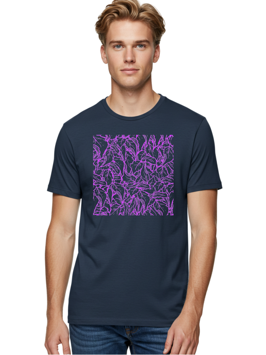 Tropical-Foliage Men'S Graphic Tee, 100% Cotton, Comfortable Casual Summer Wear, Machine Washable, Tropical Leaves, Leaf Pattern, Neon Pink, Cyan Background, Abstract Design, Botanical Art, Vibrant Colors, Summer Feel, Exotic Plants, Aac427