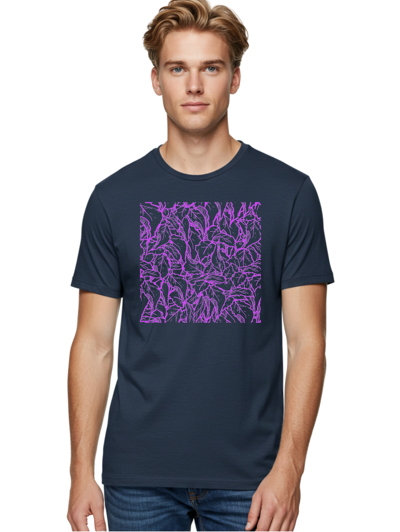 Tropical-Foliage Men'S Graphic Tee, 100% Cotton, Comfortable Casual Summer Wear, Machine Washable, Tropical Leaves, Leaf Pattern, Neon Pink, Cyan Background, Abstract Design, Botanical Art, Vibrant Colors, Summer Feel, Exotic Plants, Aac427