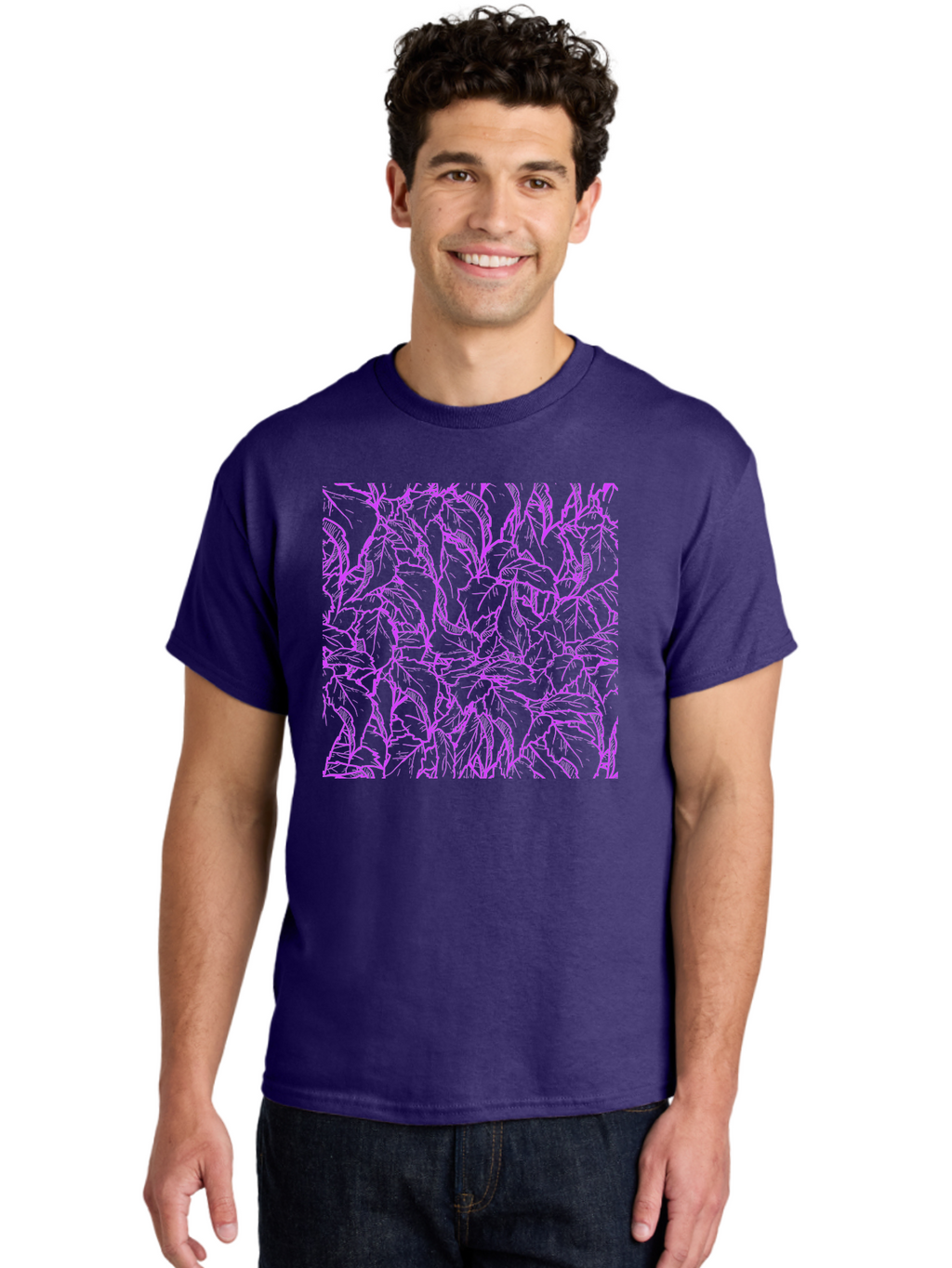 Tropical-Foliage Men'S Graphic Tee, 100% Cotton, Comfortable Casual Summer Wear, Machine Washable, Tropical Leaves, Leaf Pattern, Neon Pink, Cyan Background, Abstract Design, Botanical Art, Vibrant Colors, Summer Feel, Exotic Plants, Aac427