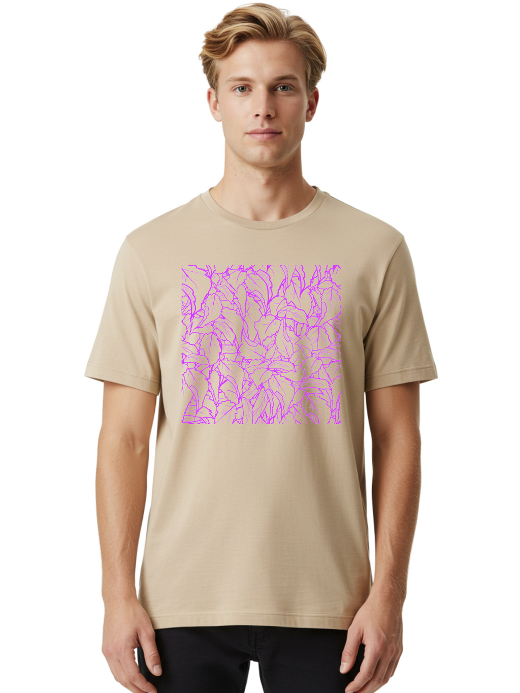 Tropical-Foliage Men'S Graphic Tee, 100% Cotton, Comfortable Casual Summer Wear, Machine Washable, Tropical Leaves, Leaf Pattern, Neon Pink, Cyan Background, Abstract Design, Botanical Art, Vibrant Colors, Summer Feel, Exotic Plants, Aac427