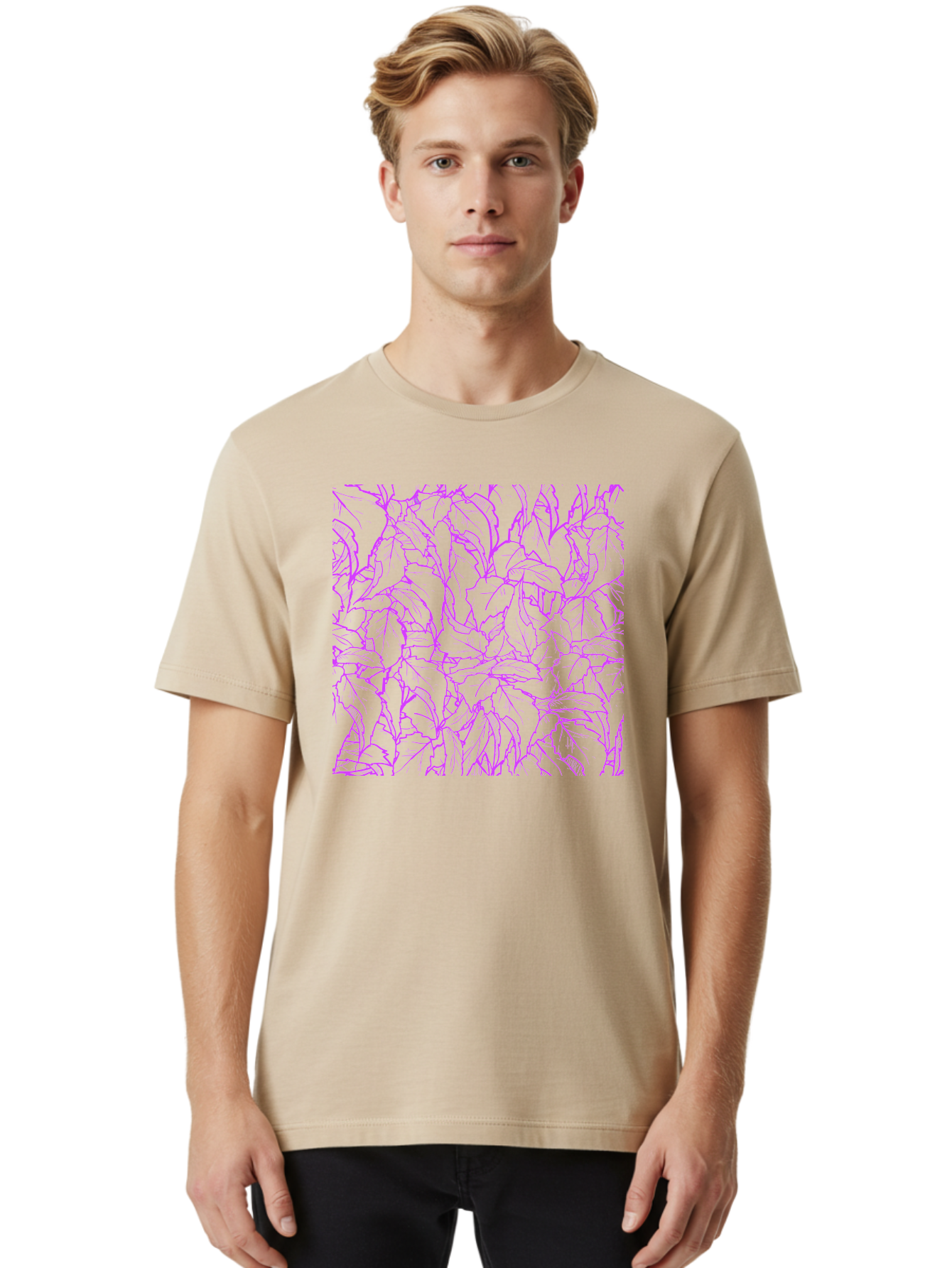 Tropical-Foliage Men'S Graphic Tee, 100% Cotton, Comfortable Casual Summer Wear, Machine Washable, Tropical Leaves, Leaf Pattern, Neon Pink, Cyan Background, Abstract Design, Botanical Art, Vibrant Colors, Summer Feel, Exotic Plants, Aac427