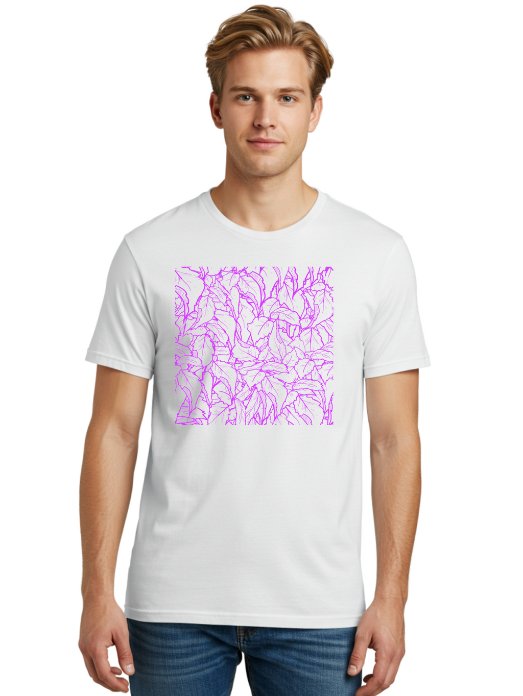 Tropical-Foliage Men'S Graphic Tee, 100% Cotton, Comfortable Casual Summer Wear, Machine Washable, Tropical Leaves, Leaf Pattern, Neon Pink, Cyan Background, Abstract Design, Botanical Art, Vibrant Colors, Summer Feel, Exotic Plants, Aac427