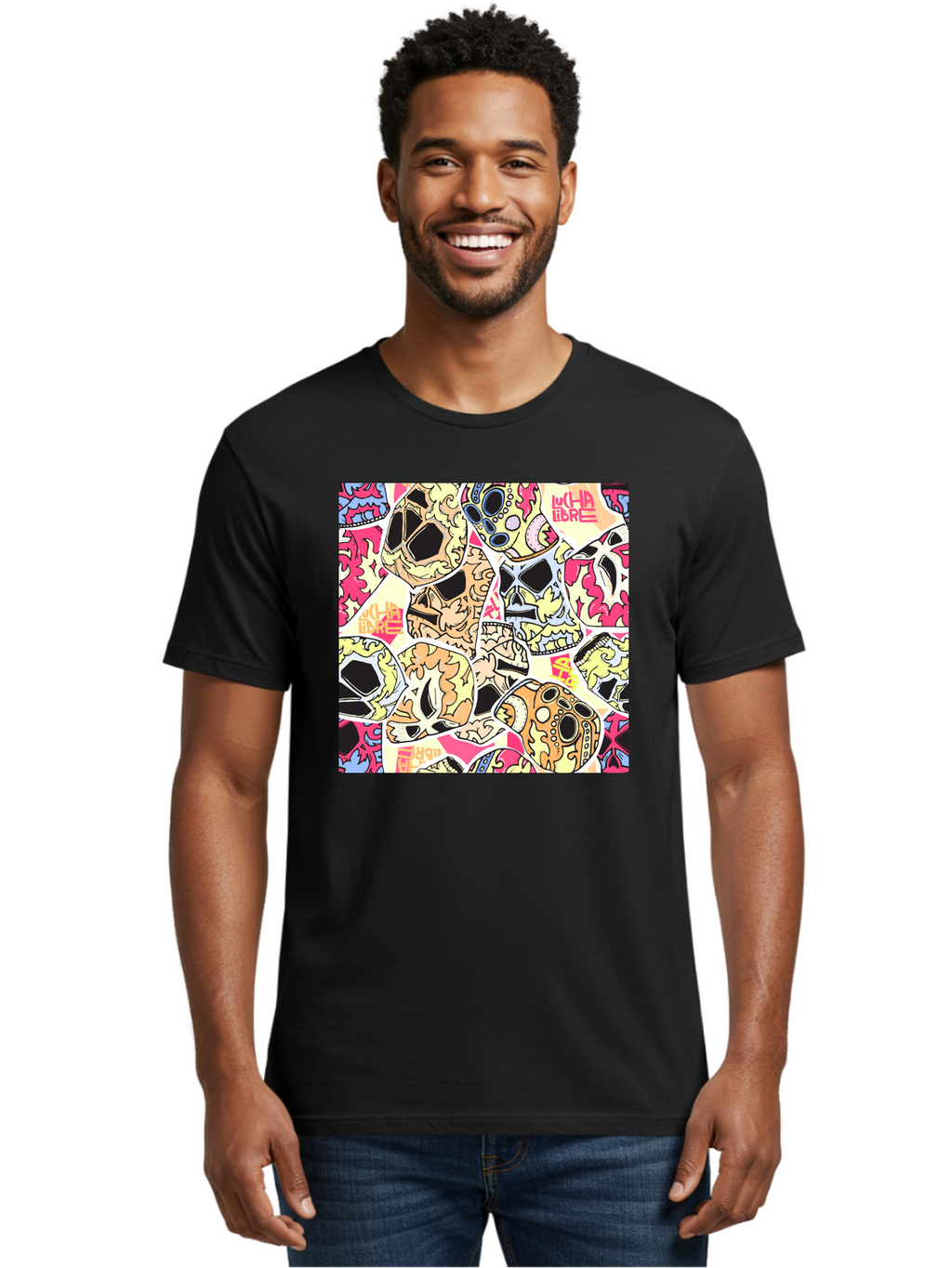Wha-Libre Men'S Graphic Tee, 100% Cotton, Comfortable Casual Summer Wear, Machine Washable, Colorful Skulls, Sugar Skulls, Day Of The Dead, Vibrant Art, Wha Libre, Tattoo-Inspired Design, Street Art Style, Graphic Illustration, Ornate Details, Aac428