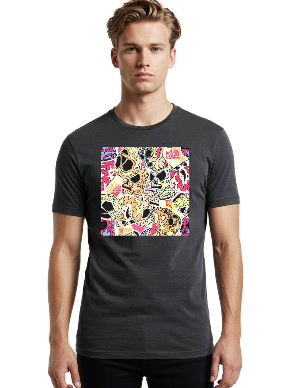 Wha-Libre Men'S Graphic Tee, 100% Cotton, Comfortable Casual Summer Wear, Machine Washable, Colorful Skulls, Sugar Skulls, Day Of The Dead, Vibrant Art, Wha Libre, Tattoo-Inspired Design, Street Art Style, Graphic Illustration, Ornate Details, Aac428