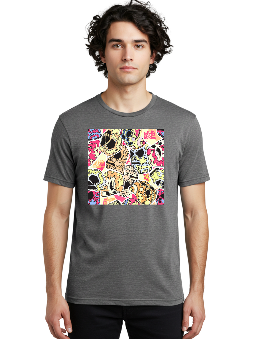 Wha-Libre Men'S Graphic Tee, 100% Cotton, Comfortable Casual Summer Wear, Machine Washable, Colorful Skulls, Sugar Skulls, Day Of The Dead, Vibrant Art, Wha Libre, Tattoo-Inspired Design, Street Art Style, Graphic Illustration, Ornate Details, Aac428