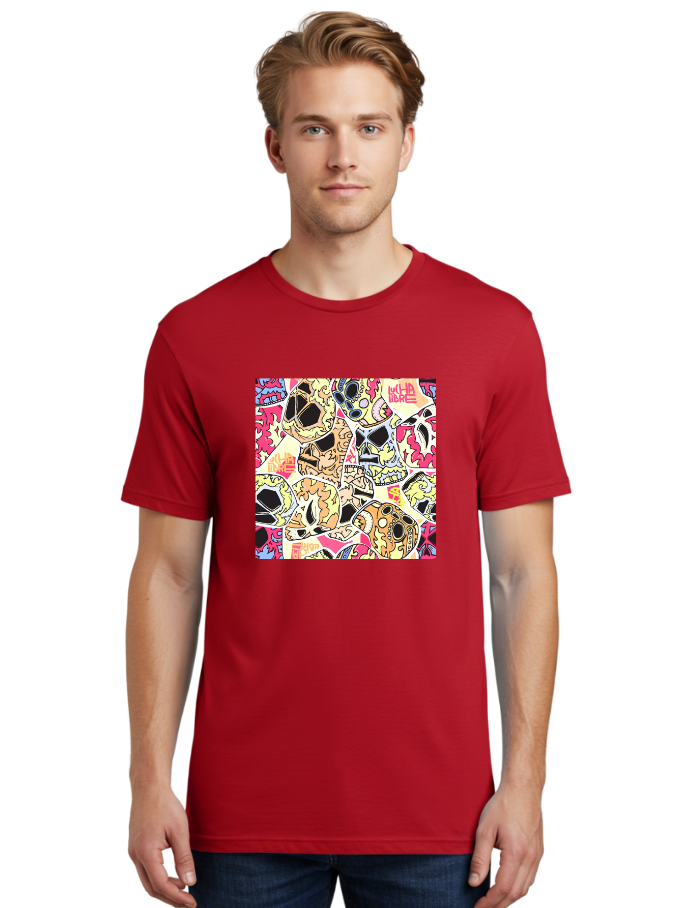 Wha-Libre Men'S Graphic Tee, 100% Cotton, Comfortable Casual Summer Wear, Machine Washable, Colorful Skulls, Sugar Skulls, Day Of The Dead, Vibrant Art, Wha Libre, Tattoo-Inspired Design, Street Art Style, Graphic Illustration, Ornate Details, Aac428