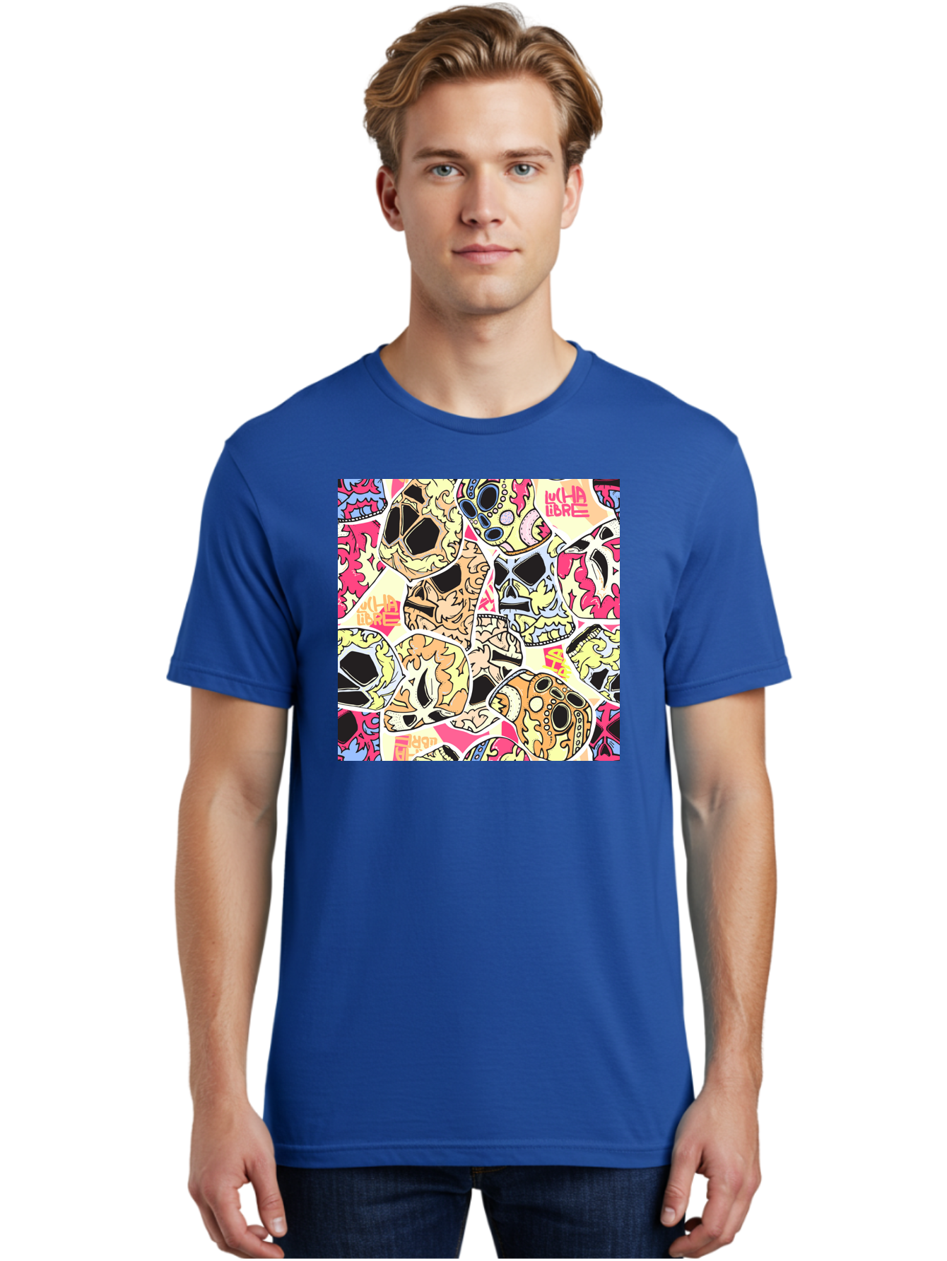 Wha-Libre Men'S Graphic Tee, 100% Cotton, Comfortable Casual Summer Wear, Machine Washable, Colorful Skulls, Sugar Skulls, Day Of The Dead, Vibrant Art, Wha Libre, Tattoo-Inspired Design, Street Art Style, Graphic Illustration, Ornate Details, Aac428