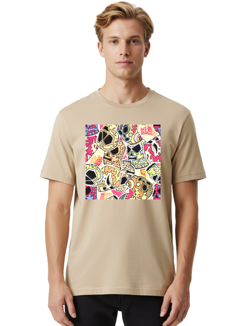 Wha-Libre Men'S Graphic Tee, 100% Cotton, Comfortable Casual Summer Wear, Machine Washable, Colorful Skulls, Sugar Skulls, Day Of The Dead, Vibrant Art, Wha Libre, Tattoo-Inspired Design, Street Art Style, Graphic Illustration, Ornate Details, Aac428