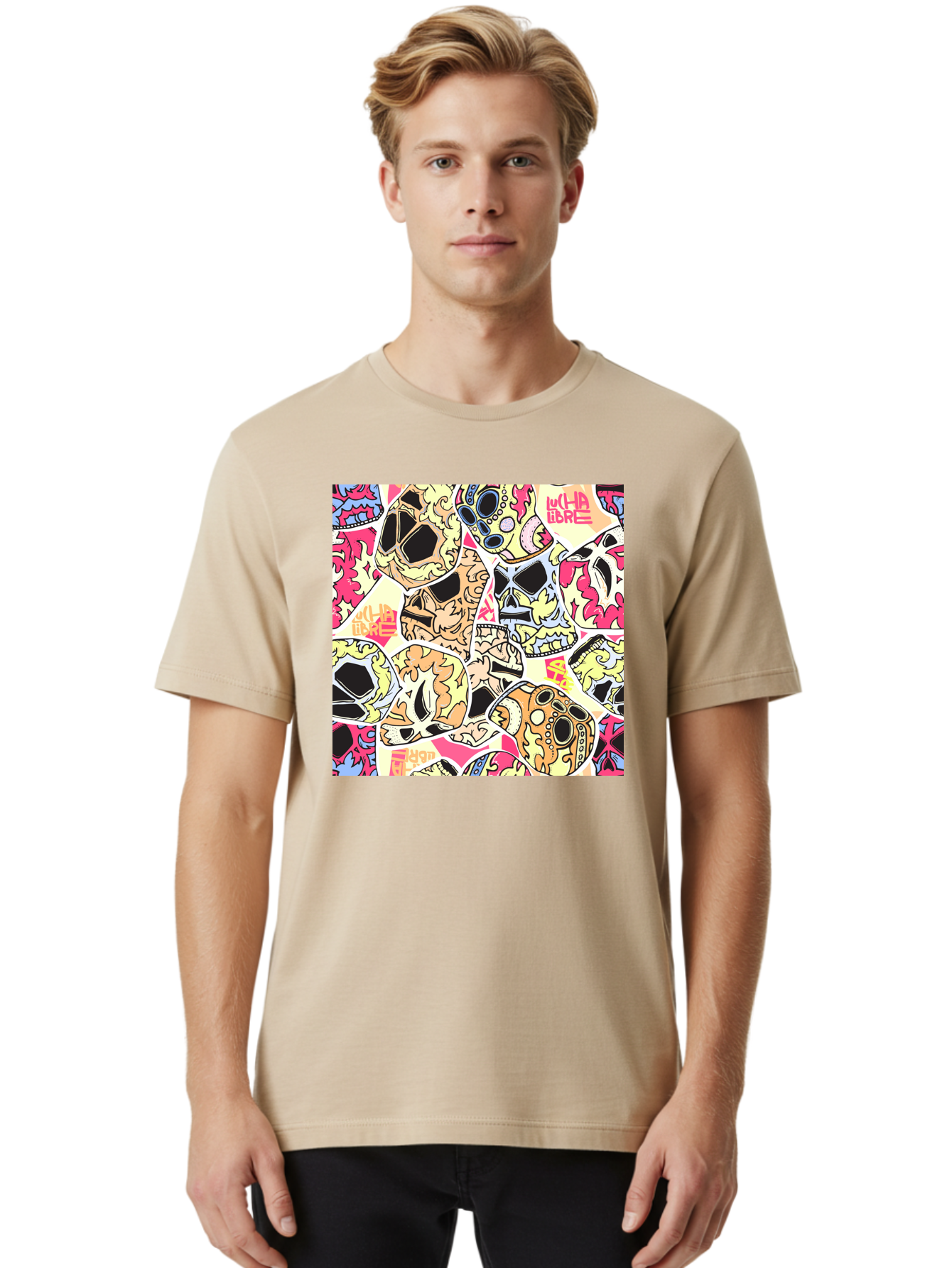 Wha-Libre Men'S Graphic Tee, 100% Cotton, Comfortable Casual Summer Wear, Machine Washable, Colorful Skulls, Sugar Skulls, Day Of The Dead, Vibrant Art, Wha Libre, Tattoo-Inspired Design, Street Art Style, Graphic Illustration, Ornate Details, Aac428