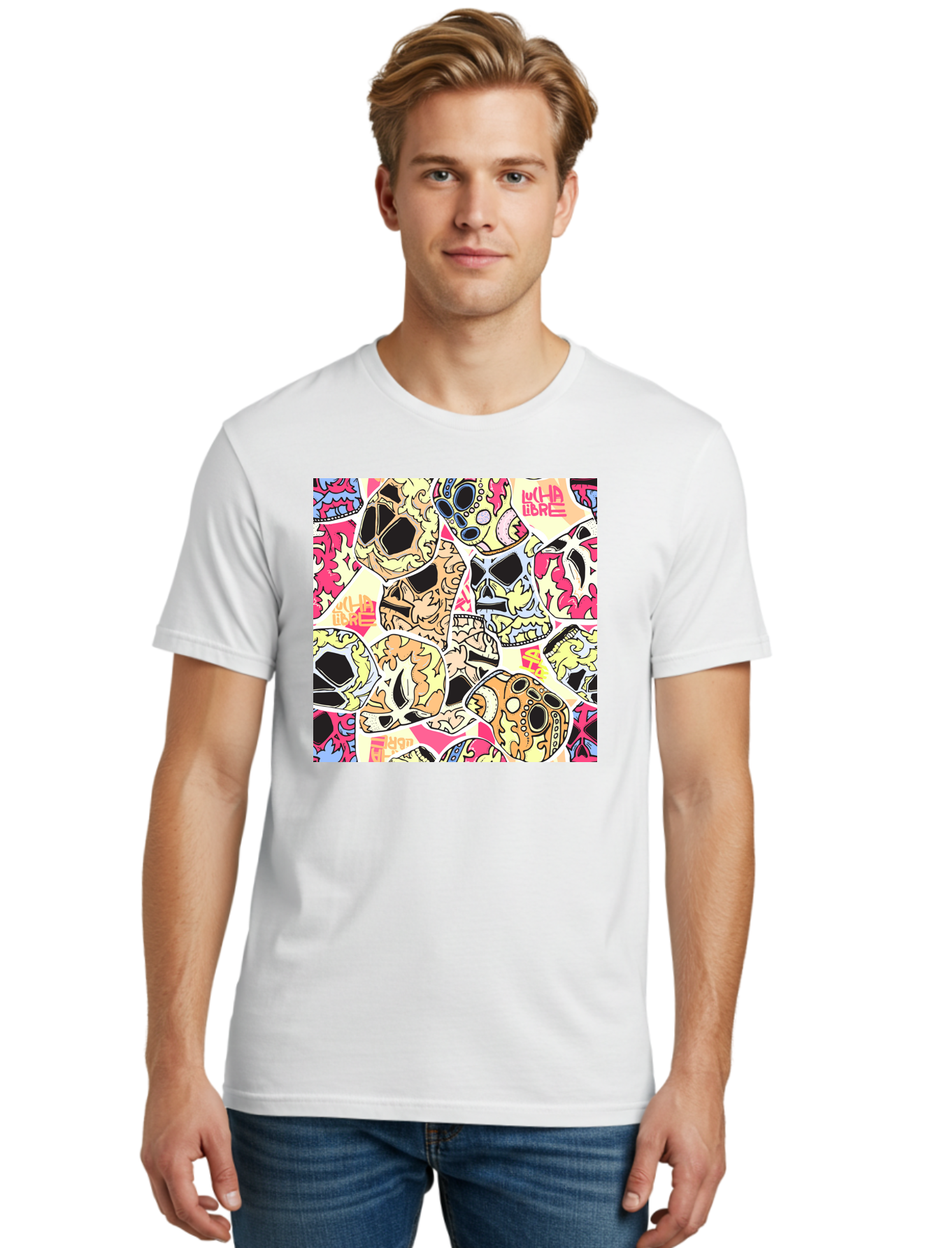 Wha-Libre Men'S Graphic Tee, 100% Cotton, Comfortable Casual Summer Wear, Machine Washable, Colorful Skulls, Sugar Skulls, Day Of The Dead, Vibrant Art, Wha Libre, Tattoo-Inspired Design, Street Art Style, Graphic Illustration, Ornate Details, Aac428