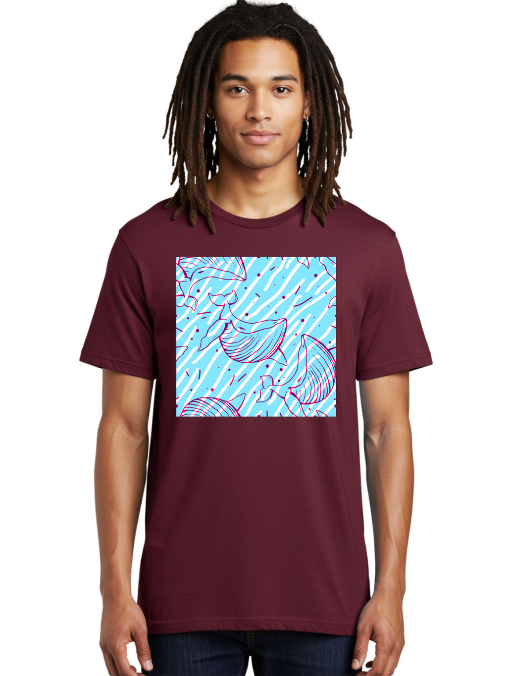 Whales-Pattern Men'S Graphic Tee, 100% Cotton, Comfortable Casual Summer Wear, Machine Washable, Whales, Abstract Pattern, Ocean Animals, Marine Life, Whimsical Design, Wavy Lines, Pink And Blue Hues, Dynamic Graphics, Playful Artwork, Aac429