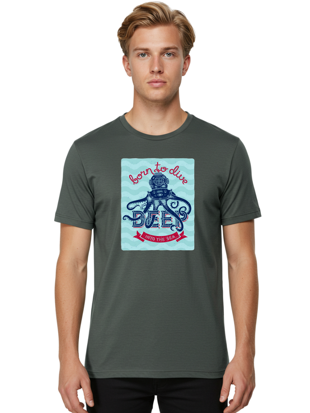 Born-To-Dive-1 Men'S Graphic Tee, 100% Cotton, Comfortable Casual Summer Wear, Machine Washable, Scuba Diving, Underwater Adventure, Diving Enthusiast, Octopus With Scuba Gear, Deep Sea Exploration, Ocean Lover, Vintage Style, Sea Creatures, Aac430