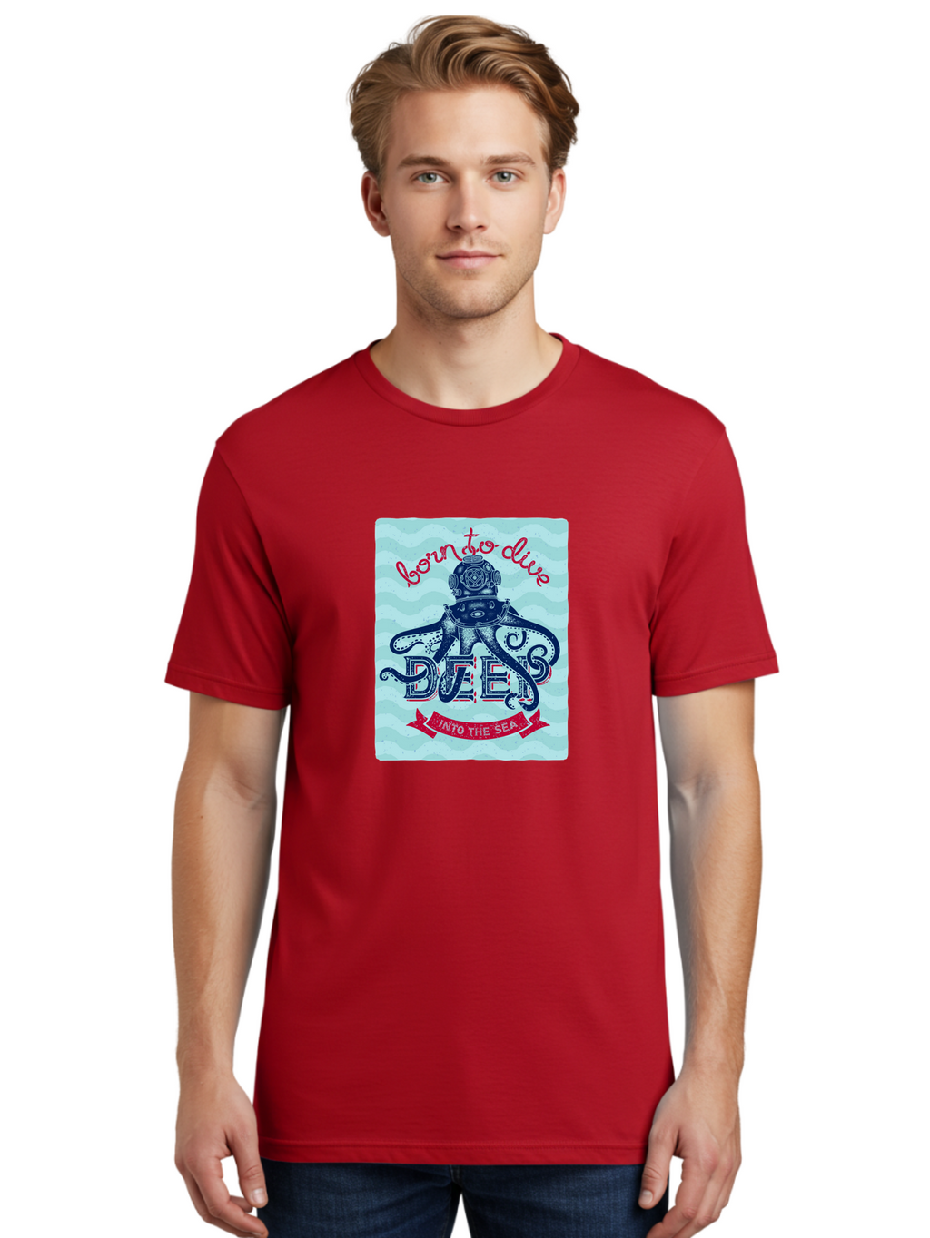 Born-To-Dive-1 Men'S Graphic Tee, 100% Cotton, Comfortable Casual Summer Wear, Machine Washable, Scuba Diving, Underwater Adventure, Diving Enthusiast, Octopus With Scuba Gear, Deep Sea Exploration, Ocean Lover, Vintage Style, Sea Creatures, Aac430