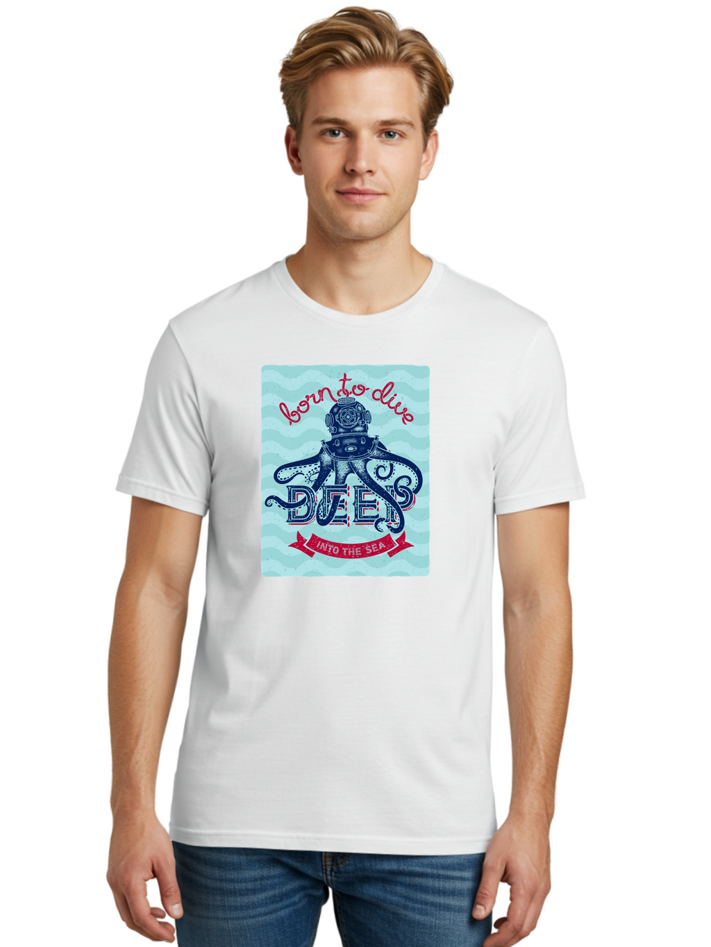 Born-To-Dive-1 Men'S Graphic Tee, 100% Cotton, Comfortable Casual Summer Wear, Machine Washable, Scuba Diving, Underwater Adventure, Diving Enthusiast, Octopus With Scuba Gear, Deep Sea Exploration, Ocean Lover, Vintage Style, Sea Creatures, Aac430