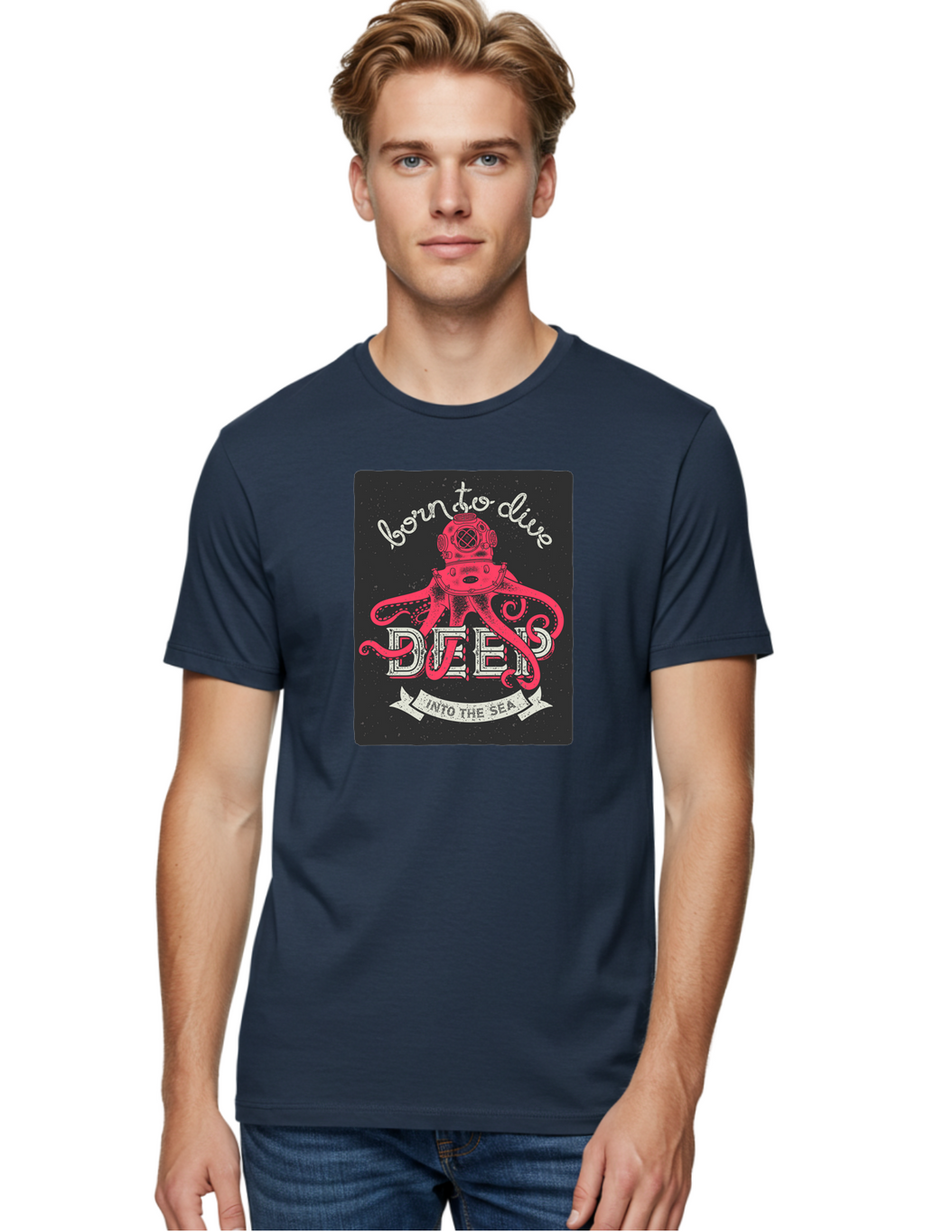 Born-To-Dive-2 Men'S Graphic Tee, 100% Cotton, Comfortable Casual Summer Wear, Machine Washable, Scuba Diver, Octopus, Underwater Adventure, Deep Sea, Diving Passion, Ocean Exploration, Sea Creatures, Nautical Art, Vintage Design Aac431
