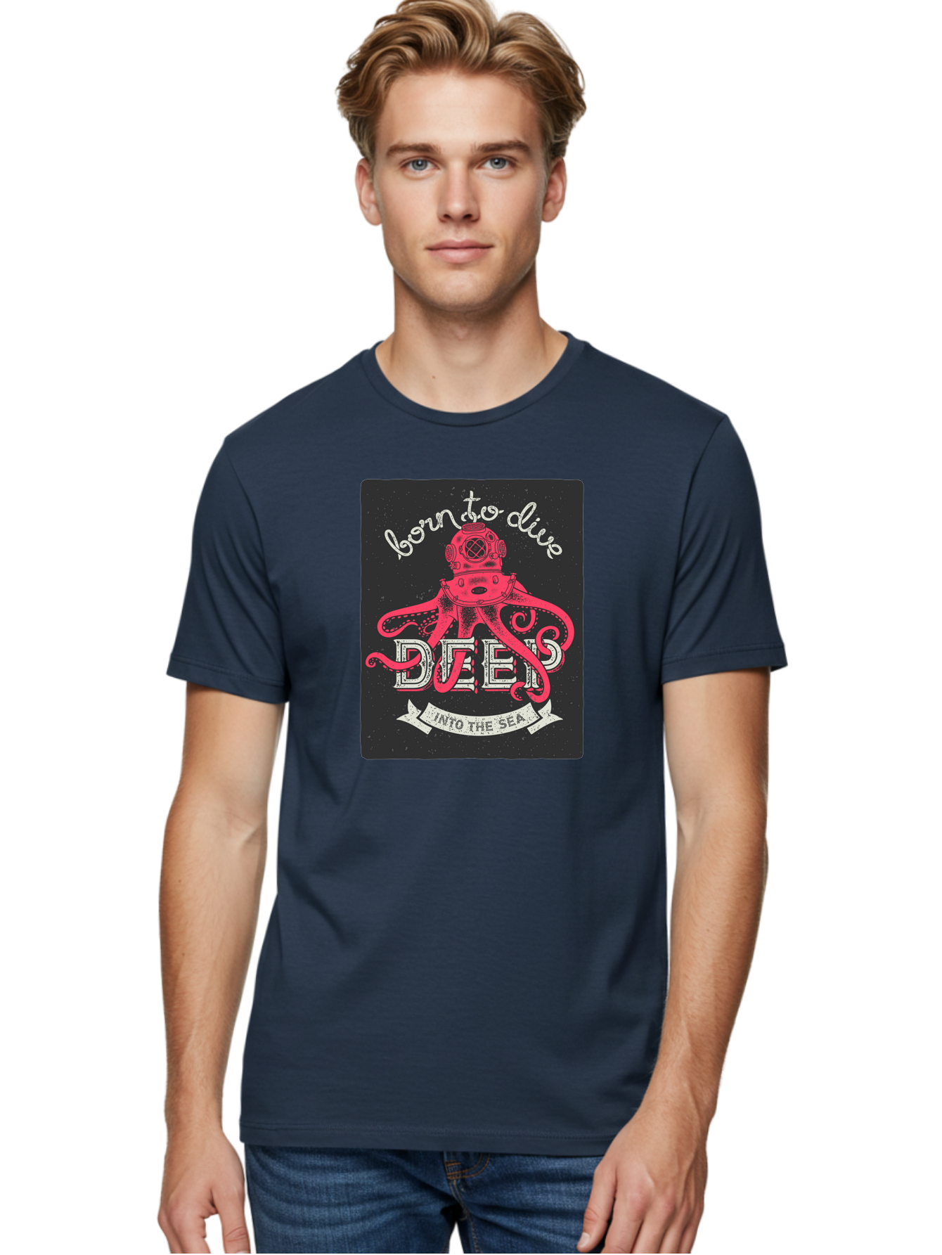 Born-To-Dive-2 Men'S Graphic Tee, 100% Cotton, Comfortable Casual Summer Wear, Machine Washable, Scuba Diver, Octopus, Underwater Adventure, Deep Sea, Diving Passion, Ocean Exploration, Sea Creatures, Nautical Art, Vintage Design Aac431
