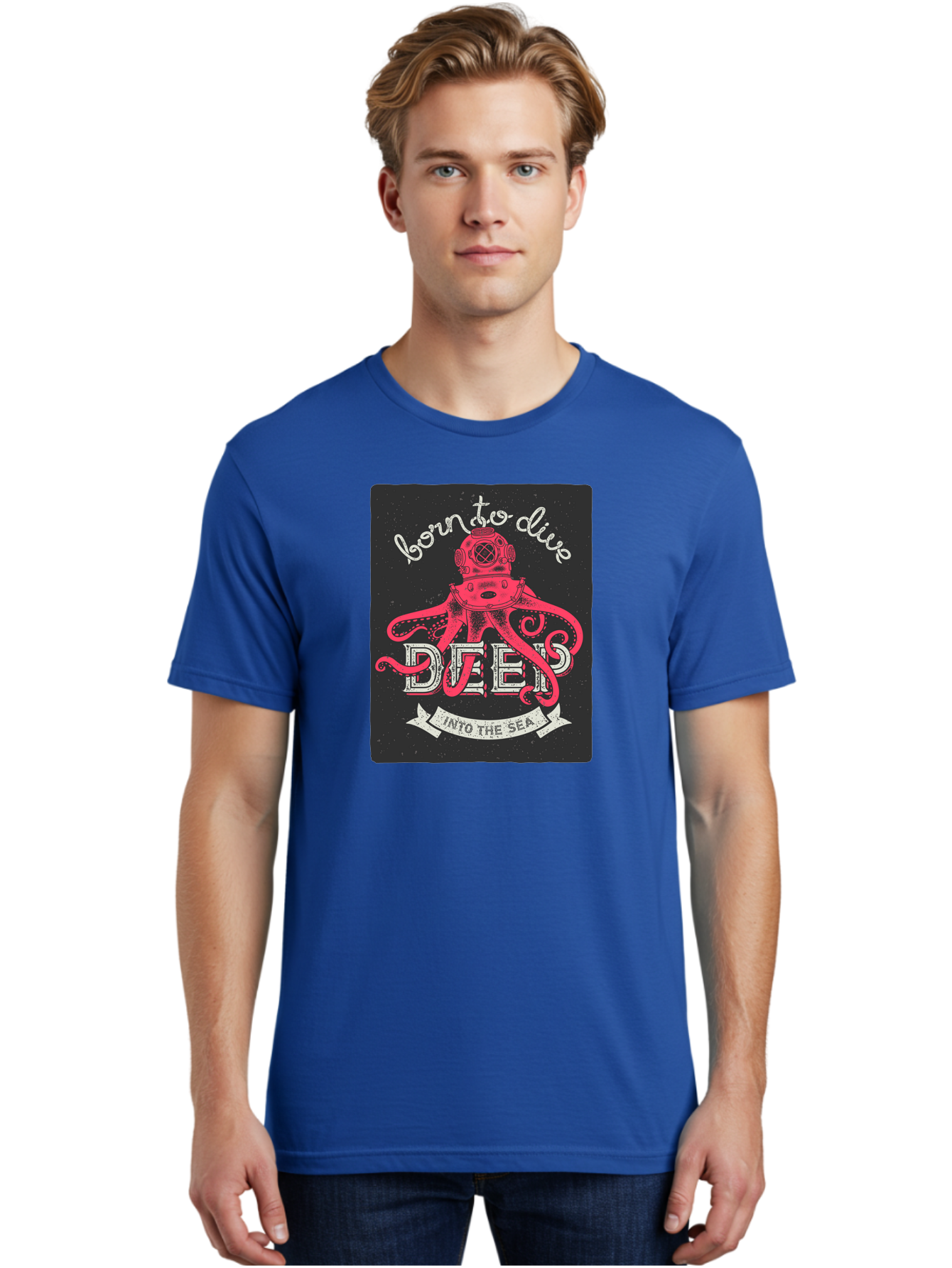 Born-To-Dive-2 Men'S Graphic Tee, 100% Cotton, Comfortable Casual Summer Wear, Machine Washable, Scuba Diver, Octopus, Underwater Adventure, Deep Sea, Diving Passion, Ocean Exploration, Sea Creatures, Nautical Art, Vintage Design Aac431