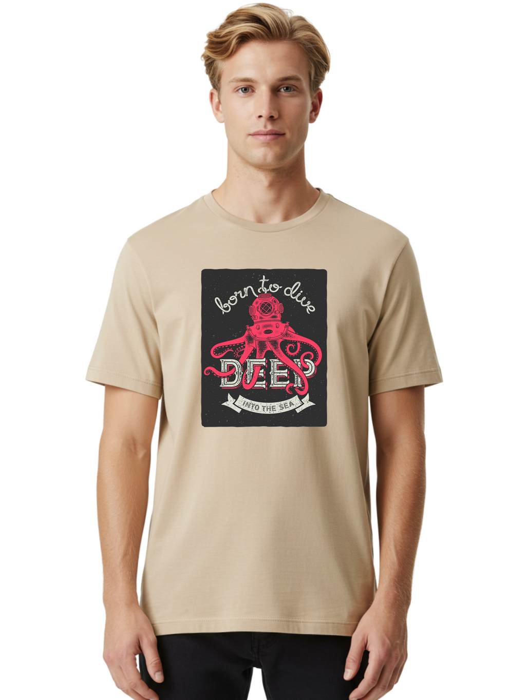Born-To-Dive-2 Men'S Graphic Tee, 100% Cotton, Comfortable Casual Summer Wear, Machine Washable, Scuba Diver, Octopus, Underwater Adventure, Deep Sea, Diving Passion, Ocean Exploration, Sea Creatures, Nautical Art, Vintage Design Aac431