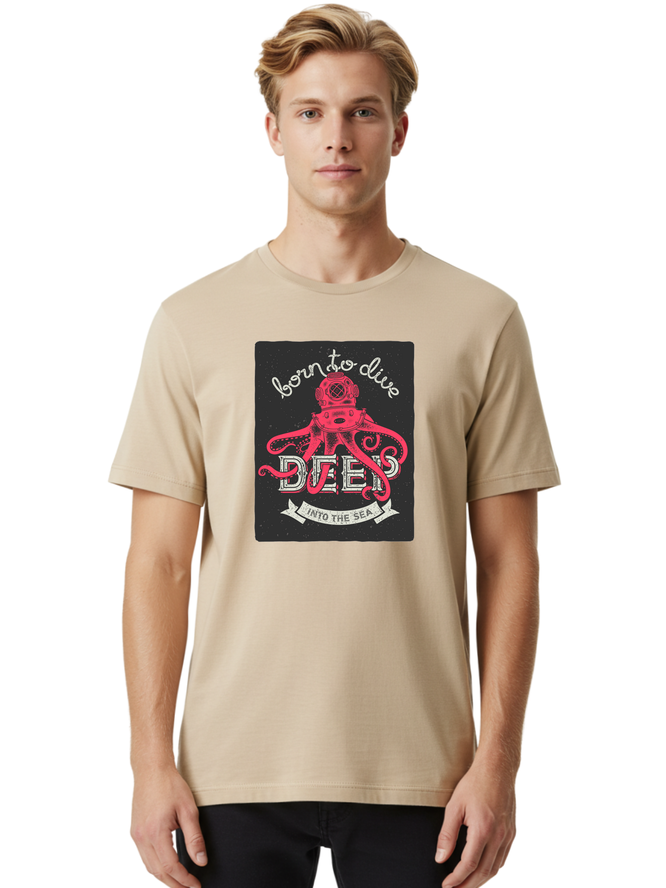 Born-To-Dive-2 Men'S Graphic Tee, 100% Cotton, Comfortable Casual Summer Wear, Machine Washable, Scuba Diver, Octopus, Underwater Adventure, Deep Sea, Diving Passion, Ocean Exploration, Sea Creatures, Nautical Art, Vintage Design Aac431