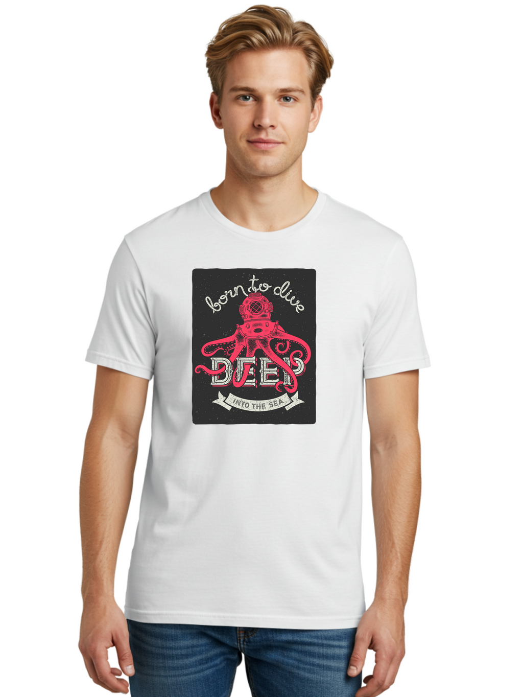 Born-To-Dive-2 Men'S Graphic Tee, 100% Cotton, Comfortable Casual Summer Wear, Machine Washable, Scuba Diver, Octopus, Underwater Adventure, Deep Sea, Diving Passion, Ocean Exploration, Sea Creatures, Nautical Art, Vintage Design Aac431