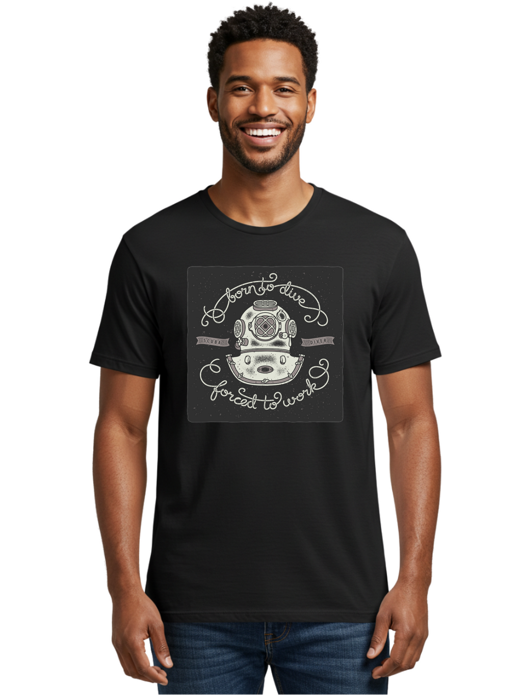 Born-To-Dive-3 Men'S Graphic Tee, 100% Cotton, Comfortable Casual Summer Wear, Machine Washable, Scuba Diver, Diving Helmet, Underwater Exploration, Ocean Adventure, Vintage Diving Gear, Motivational Quote, Typography Art, Nautical Theme, Aac432