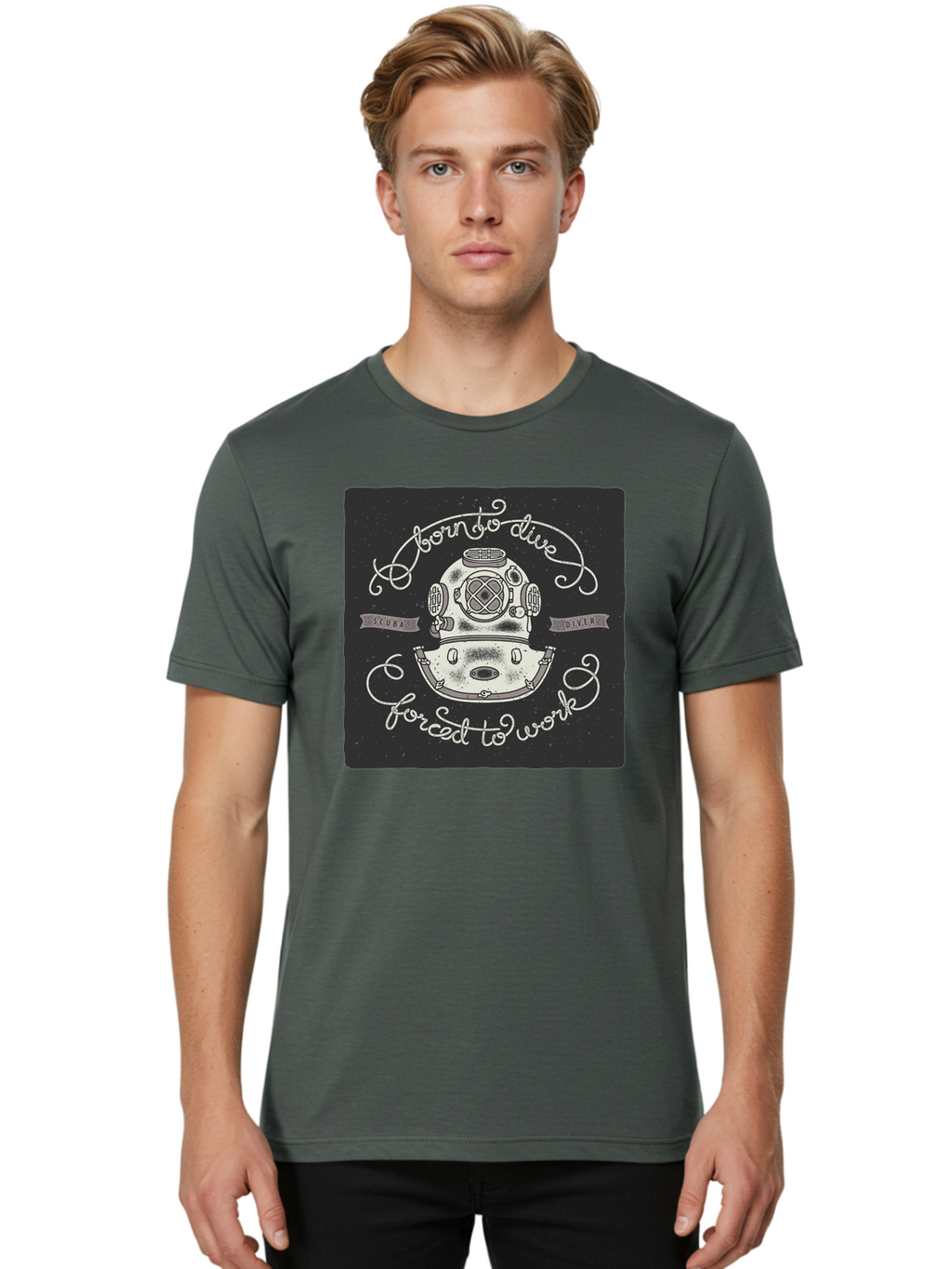 Born-To-Dive-3 Men'S Graphic Tee, 100% Cotton, Comfortable Casual Summer Wear, Machine Washable, Scuba Diver, Diving Helmet, Underwater Exploration, Ocean Adventure, Vintage Diving Gear, Motivational Quote, Typography Art, Nautical Theme, Aac432