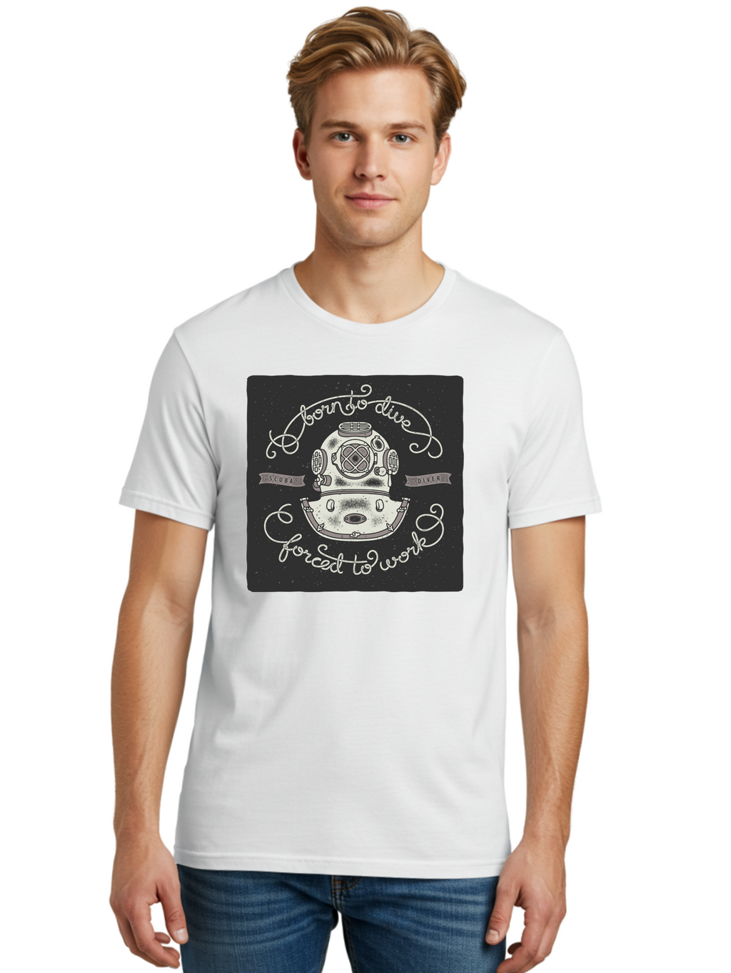 Born-To-Dive-3 Men'S Graphic Tee, 100% Cotton, Comfortable Casual Summer Wear, Machine Washable, Scuba Diver, Diving Helmet, Underwater Exploration, Ocean Adventure, Vintage Diving Gear, Motivational Quote, Typography Art, Nautical Theme, Aac432