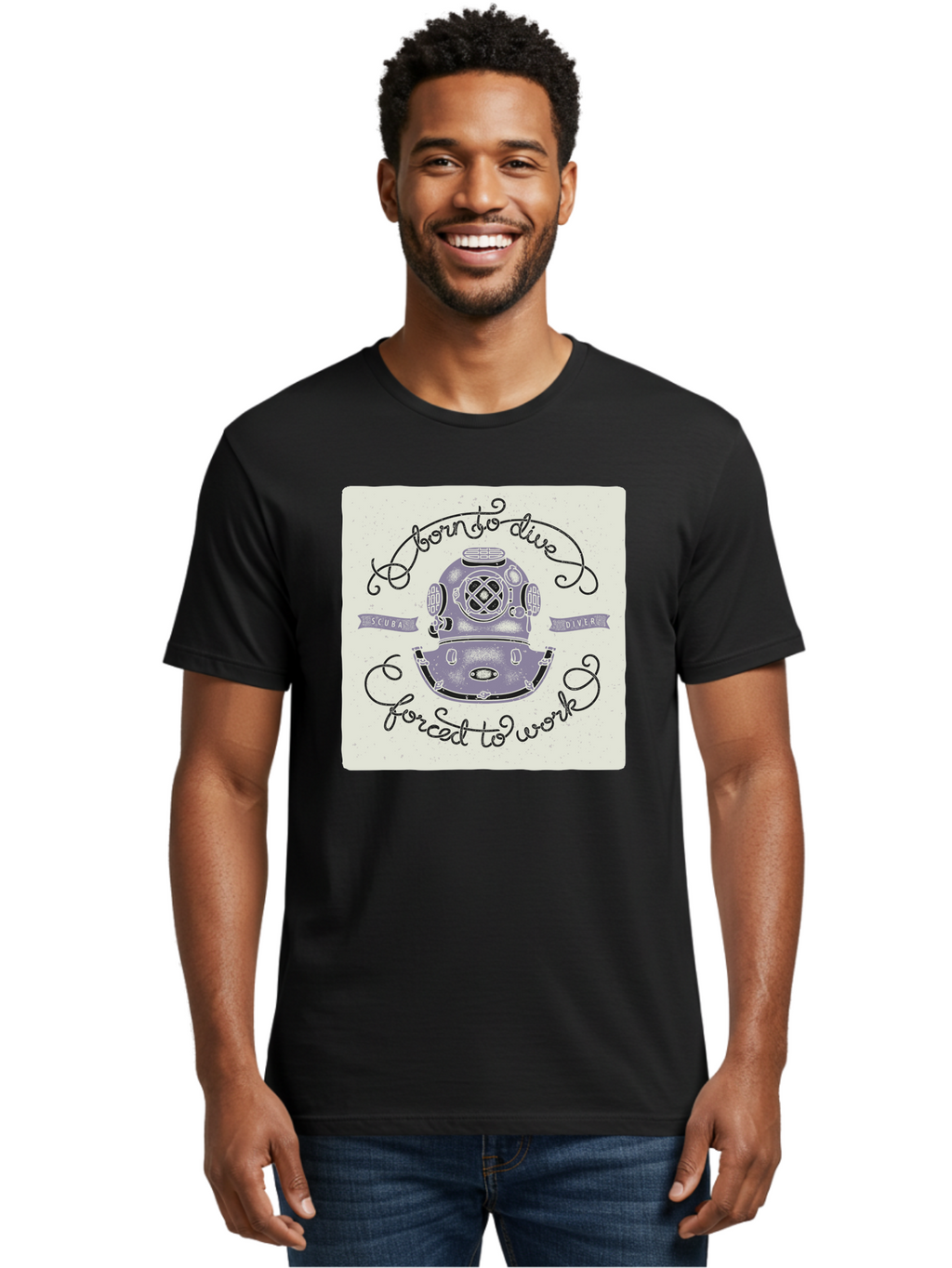 Born-To-Dive Men'S Graphic Tee, 100% Cotton, Comfortable Casual Summer Wear, Machine Washable, Scuba Diver, Diving Helmet, Underwater Adventure, Ocean Exploration, Vintage Diving Gear, Scuba Diving, Diver'S Life, Born To Dive, Forced To Work, Aac433