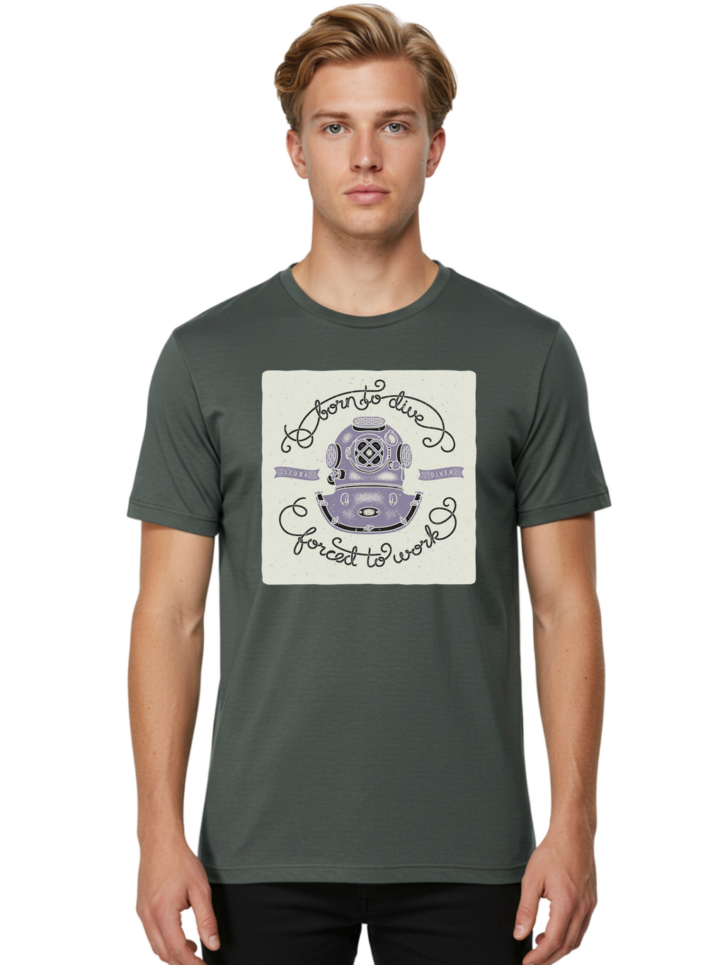 Born-To-Dive Men'S Graphic Tee, 100% Cotton, Comfortable Casual Summer Wear, Machine Washable, Scuba Diver, Diving Helmet, Underwater Adventure, Ocean Exploration, Vintage Diving Gear, Scuba Diving, Diver'S Life, Born To Dive, Forced To Work, Aac433
