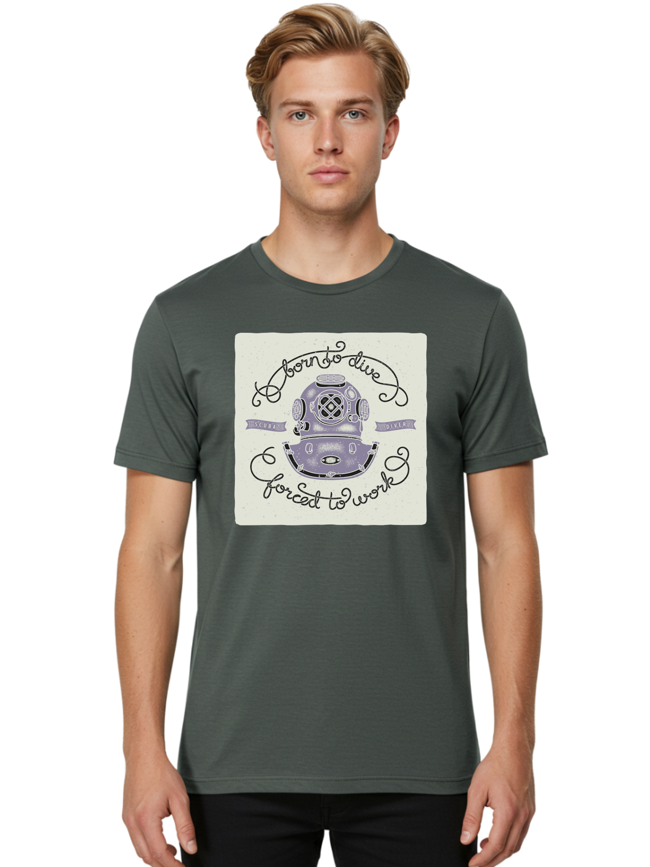 Born-To-Dive Men'S Graphic Tee, 100% Cotton, Comfortable Casual Summer Wear, Machine Washable, Scuba Diver, Diving Helmet, Underwater Adventure, Ocean Exploration, Vintage Diving Gear, Scuba Diving, Diver'S Life, Born To Dive, Forced To Work, Aac433