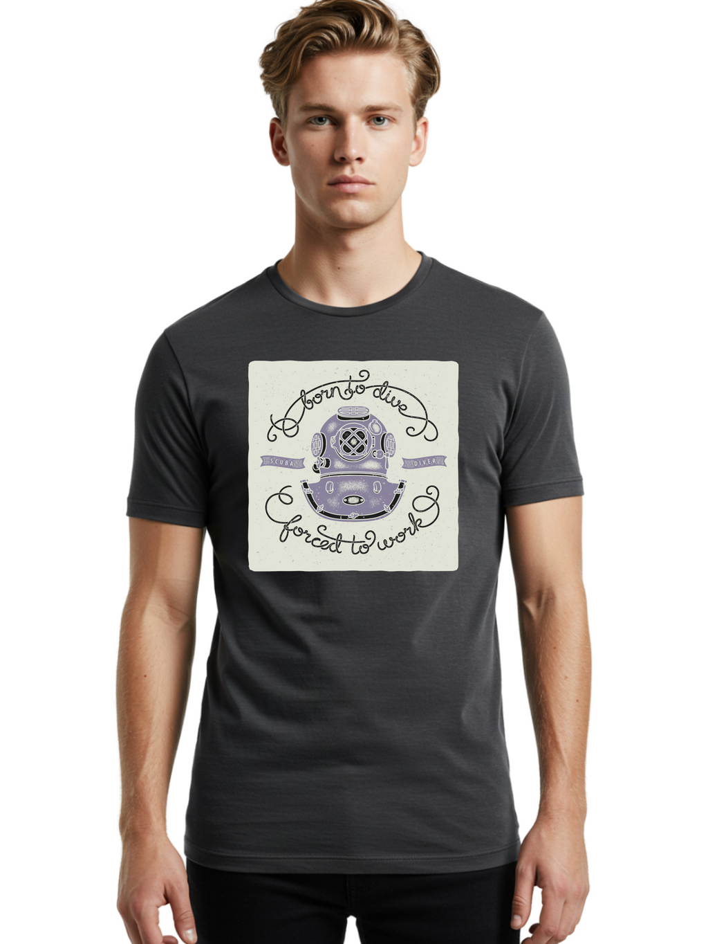 Born-To-Dive Men'S Graphic Tee, 100% Cotton, Comfortable Casual Summer Wear, Machine Washable, Scuba Diver, Diving Helmet, Underwater Adventure, Ocean Exploration, Vintage Diving Gear, Scuba Diving, Diver'S Life, Born To Dive, Forced To Work, Aac433