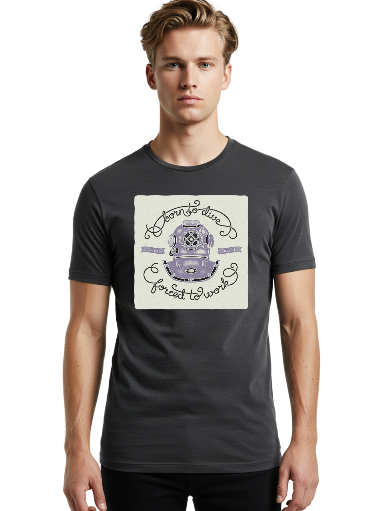 Born-To-Dive Men'S Graphic Tee, 100% Cotton, Comfortable Casual Summer Wear, Machine Washable, Scuba Diver, Diving Helmet, Underwater Adventure, Ocean Exploration, Vintage Diving Gear, Scuba Diving, Diver'S Life, Born To Dive, Forced To Work, Aac433
