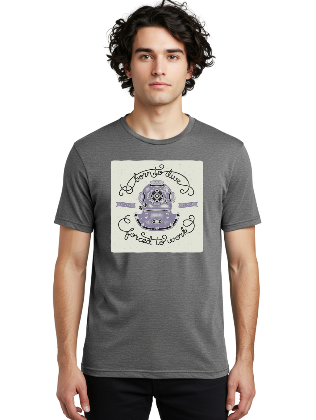 Born-To-Dive Men'S Graphic Tee, 100% Cotton, Comfortable Casual Summer Wear, Machine Washable, Scuba Diver, Diving Helmet, Underwater Adventure, Ocean Exploration, Vintage Diving Gear, Scuba Diving, Diver'S Life, Born To Dive, Forced To Work, Aac433