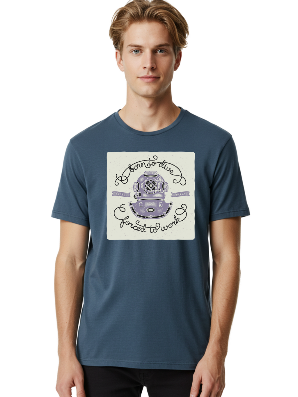 Born-To-Dive Men'S Graphic Tee, 100% Cotton, Comfortable Casual Summer Wear, Machine Washable, Scuba Diver, Diving Helmet, Underwater Adventure, Ocean Exploration, Vintage Diving Gear, Scuba Diving, Diver'S Life, Born To Dive, Forced To Work, Aac433