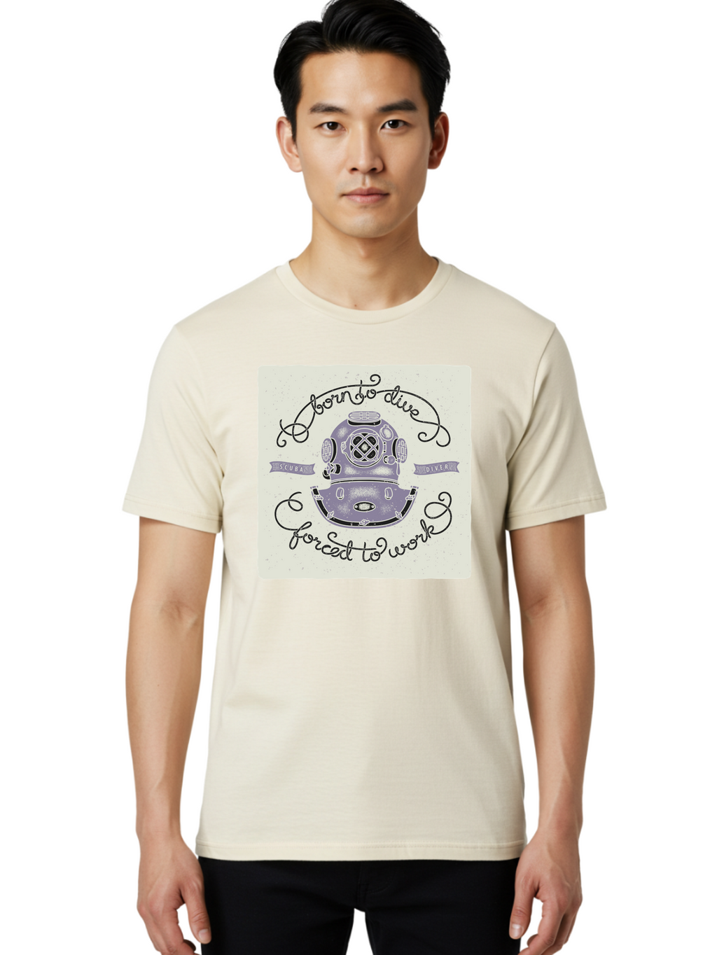 Born-To-Dive Men'S Graphic Tee, 100% Cotton, Comfortable Casual Summer Wear, Machine Washable, Scuba Diver, Diving Helmet, Underwater Adventure, Ocean Exploration, Vintage Diving Gear, Scuba Diving, Diver'S Life, Born To Dive, Forced To Work, Aac433