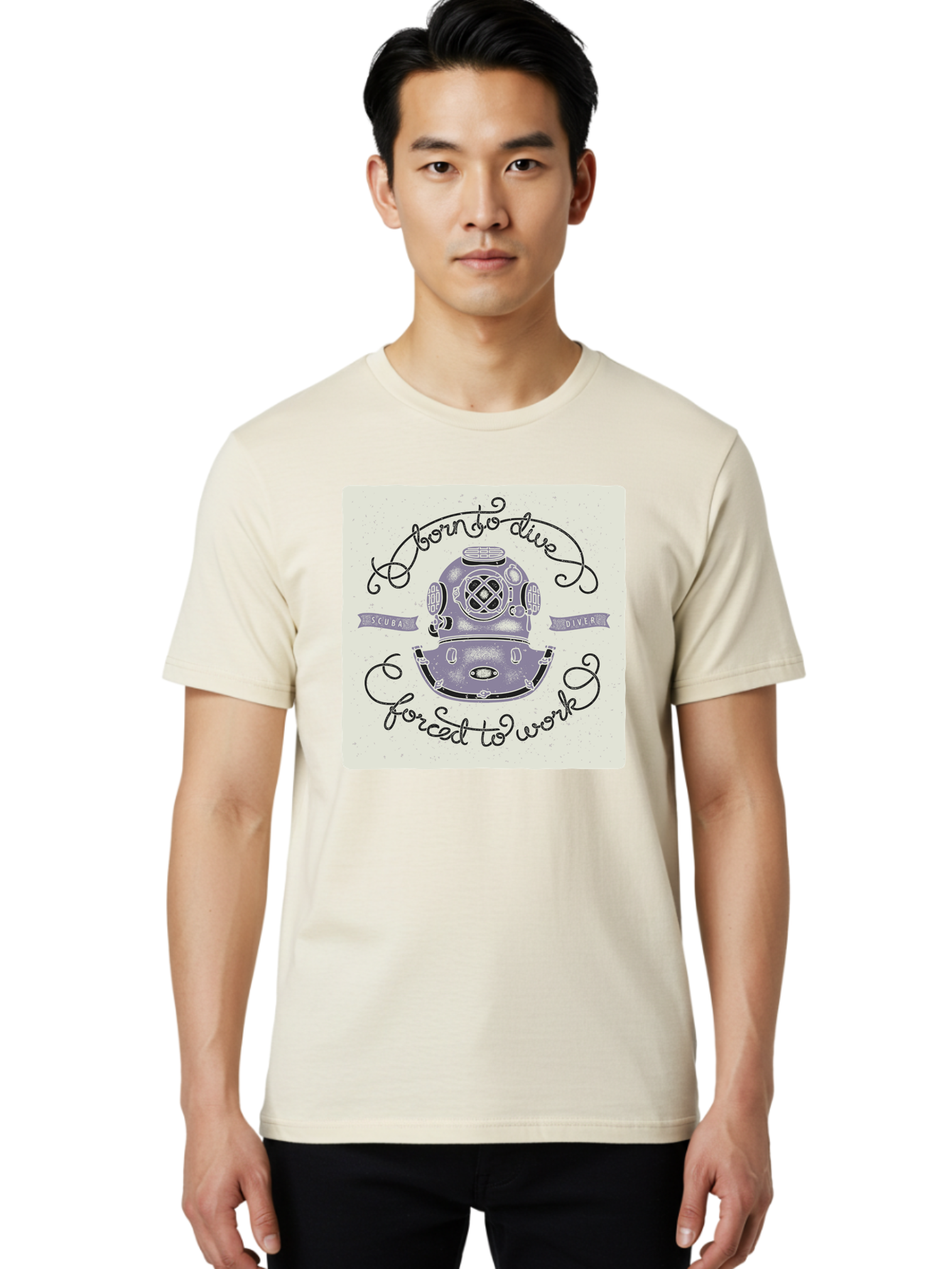 Born-To-Dive Men'S Graphic Tee, 100% Cotton, Comfortable Casual Summer Wear, Machine Washable, Scuba Diver, Diving Helmet, Underwater Adventure, Ocean Exploration, Vintage Diving Gear, Scuba Diving, Diver'S Life, Born To Dive, Forced To Work, Aac433