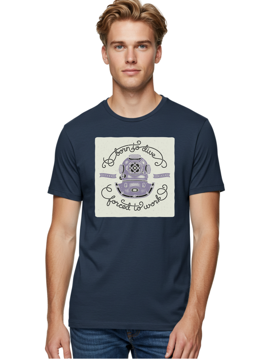 Born-To-Dive Men'S Graphic Tee, 100% Cotton, Comfortable Casual Summer Wear, Machine Washable, Scuba Diver, Diving Helmet, Underwater Adventure, Ocean Exploration, Vintage Diving Gear, Scuba Diving, Diver'S Life, Born To Dive, Forced To Work, Aac433