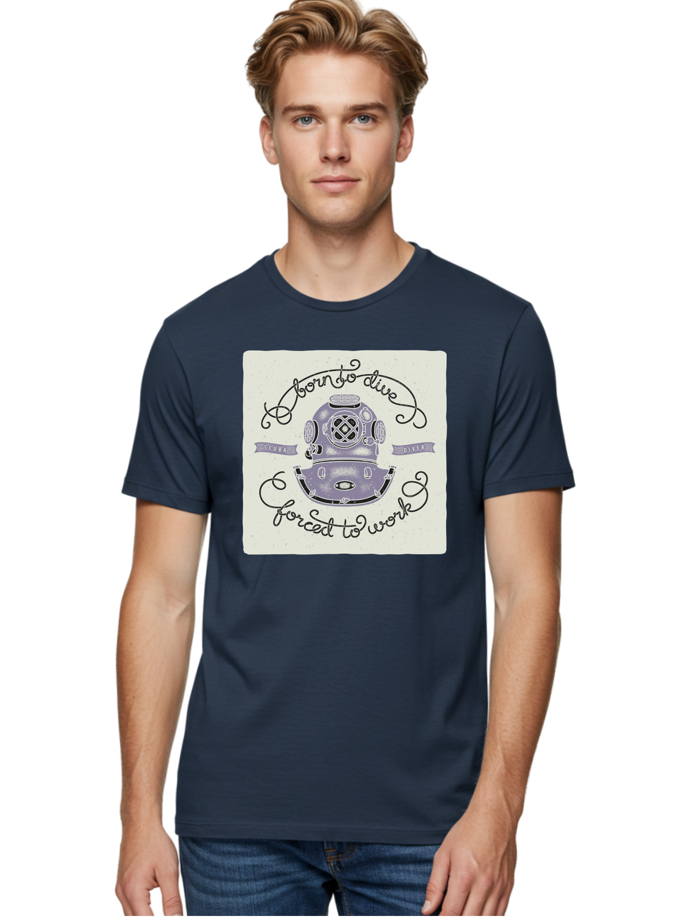 Born-To-Dive Men'S Graphic Tee, 100% Cotton, Comfortable Casual Summer Wear, Machine Washable, Scuba Diver, Diving Helmet, Underwater Adventure, Ocean Exploration, Vintage Diving Gear, Scuba Diving, Diver'S Life, Born To Dive, Forced To Work, Aac433
