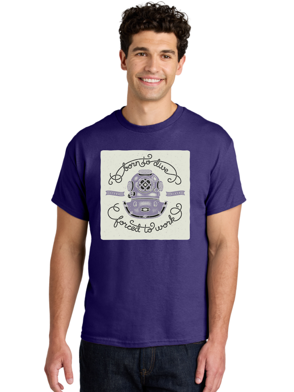 Born-To-Dive Men'S Graphic Tee, 100% Cotton, Comfortable Casual Summer Wear, Machine Washable, Scuba Diver, Diving Helmet, Underwater Adventure, Ocean Exploration, Vintage Diving Gear, Scuba Diving, Diver'S Life, Born To Dive, Forced To Work, Aac433