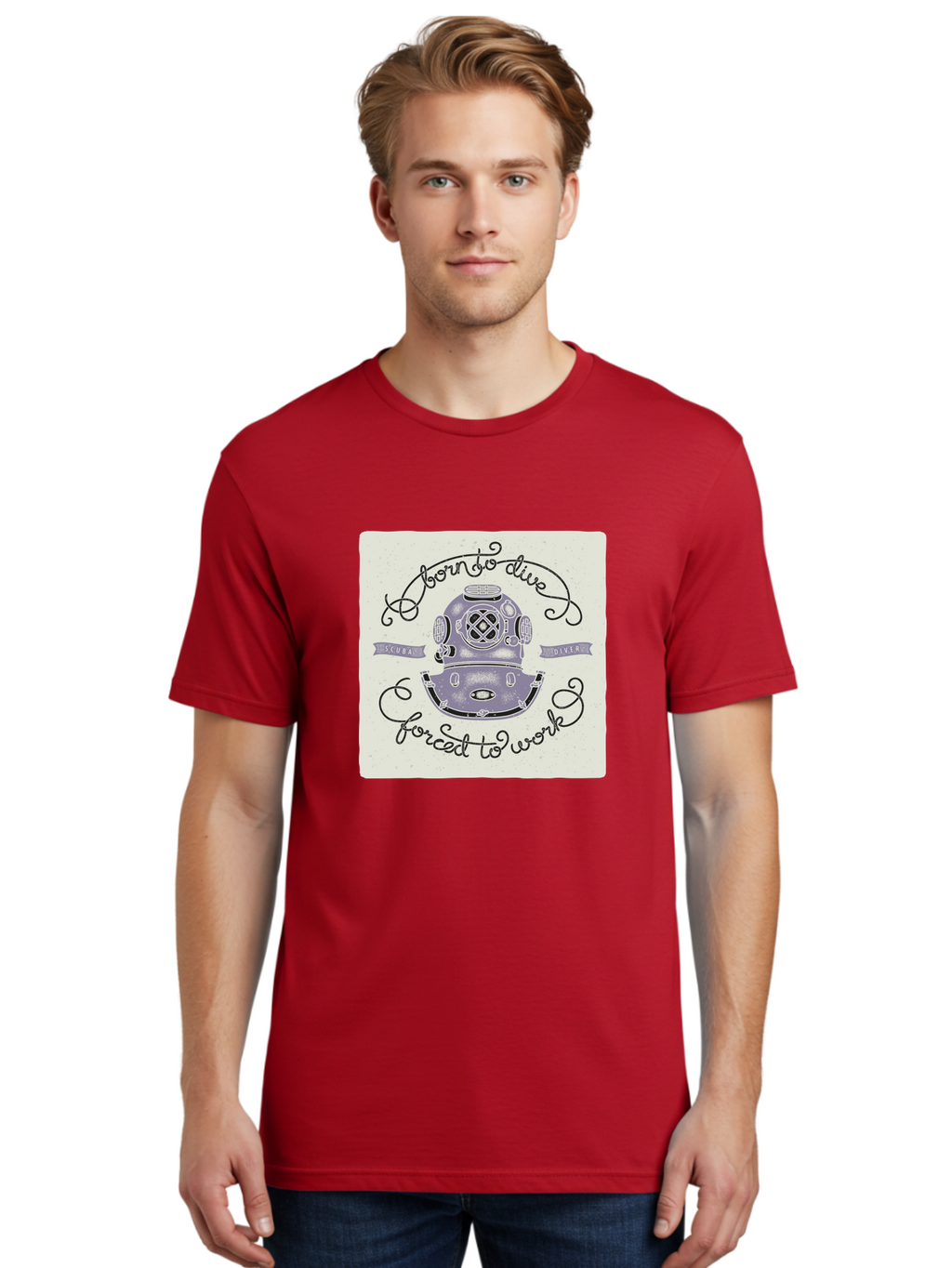 Born-To-Dive Men'S Graphic Tee, 100% Cotton, Comfortable Casual Summer Wear, Machine Washable, Scuba Diver, Diving Helmet, Underwater Adventure, Ocean Exploration, Vintage Diving Gear, Scuba Diving, Diver'S Life, Born To Dive, Forced To Work, Aac433