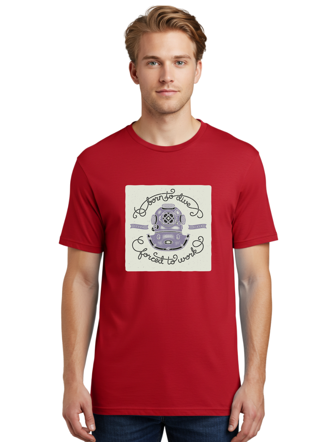 Born-To-Dive Men'S Graphic Tee, 100% Cotton, Comfortable Casual Summer Wear, Machine Washable, Scuba Diver, Diving Helmet, Underwater Adventure, Ocean Exploration, Vintage Diving Gear, Scuba Diving, Diver'S Life, Born To Dive, Forced To Work, Aac433
