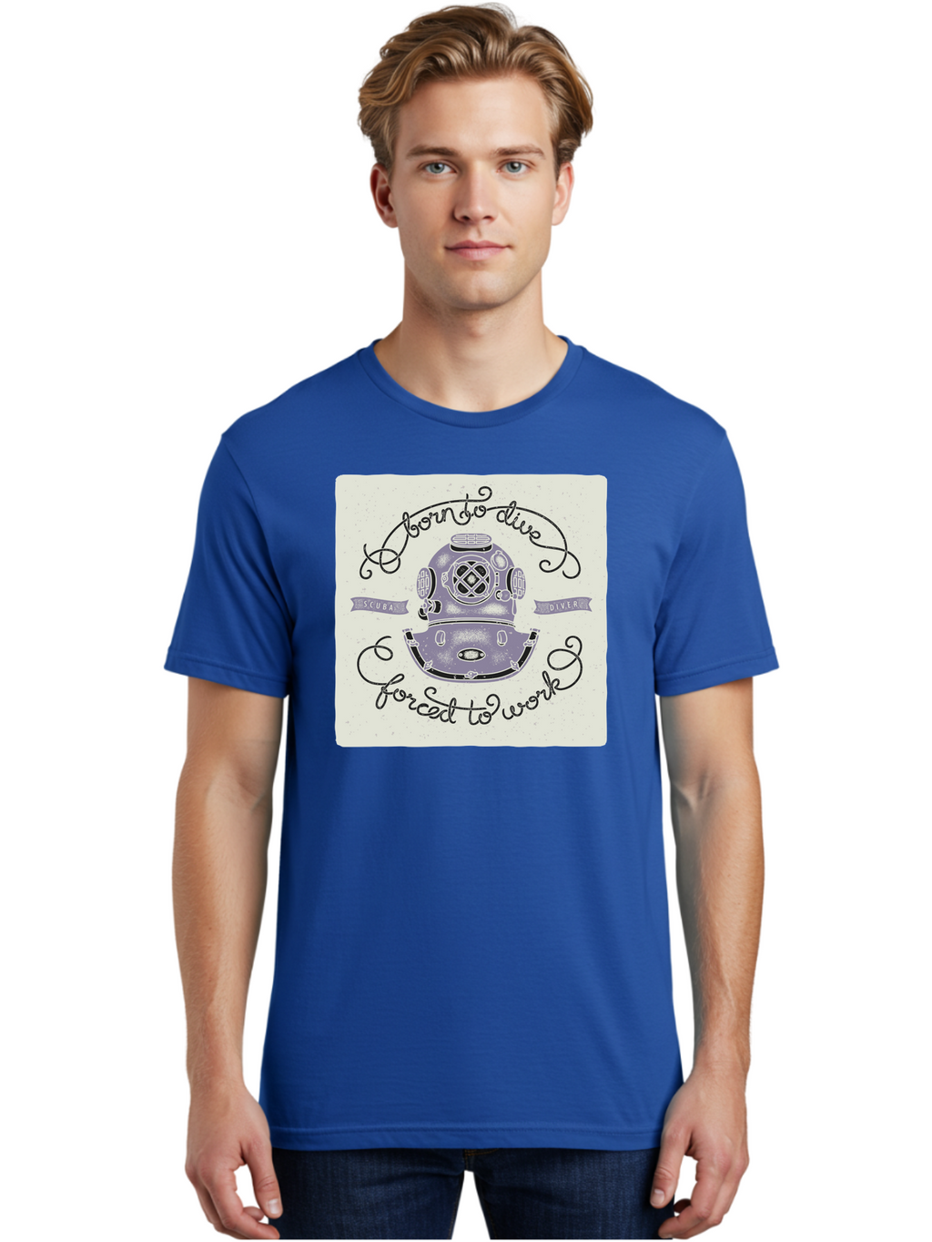 Born-To-Dive Men'S Graphic Tee, 100% Cotton, Comfortable Casual Summer Wear, Machine Washable, Scuba Diver, Diving Helmet, Underwater Adventure, Ocean Exploration, Vintage Diving Gear, Scuba Diving, Diver'S Life, Born To Dive, Forced To Work, Aac433