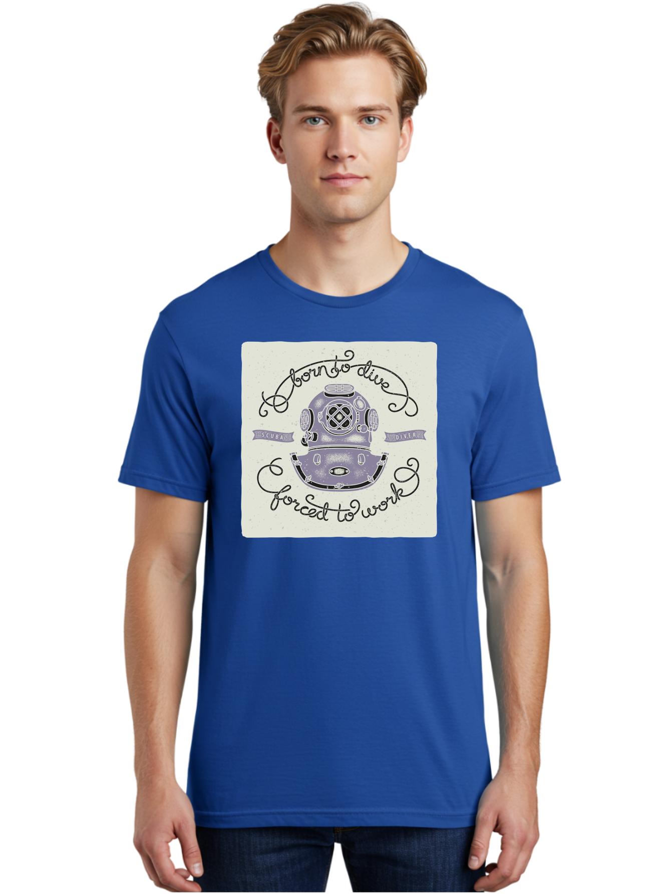 Born-To-Dive Men'S Graphic Tee, 100% Cotton, Comfortable Casual Summer Wear, Machine Washable, Scuba Diver, Diving Helmet, Underwater Adventure, Ocean Exploration, Vintage Diving Gear, Scuba Diving, Diver'S Life, Born To Dive, Forced To Work, Aac433