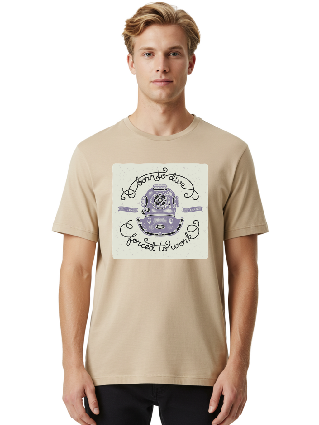 Born-To-Dive Men'S Graphic Tee, 100% Cotton, Comfortable Casual Summer Wear, Machine Washable, Scuba Diver, Diving Helmet, Underwater Adventure, Ocean Exploration, Vintage Diving Gear, Scuba Diving, Diver'S Life, Born To Dive, Forced To Work, Aac433