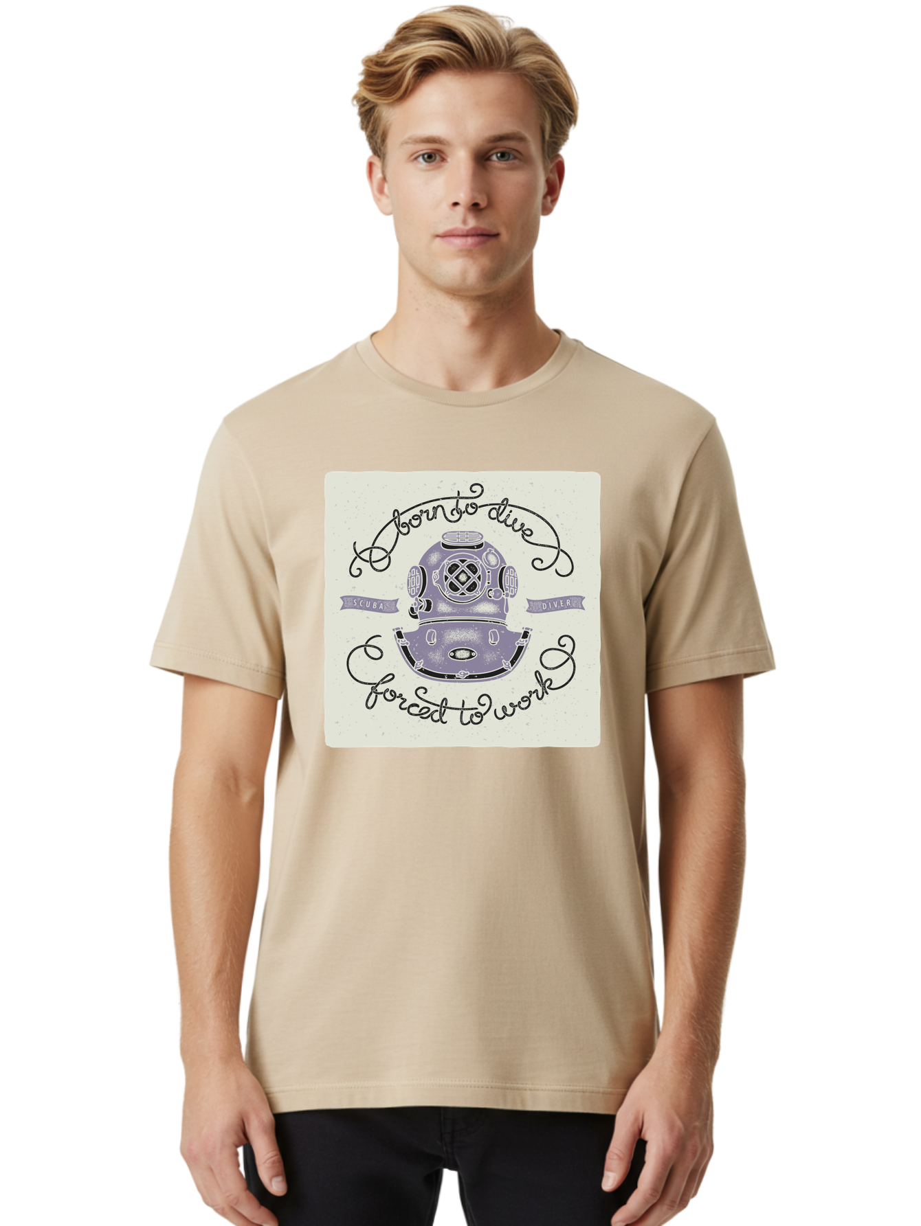 Born-To-Dive Men'S Graphic Tee, 100% Cotton, Comfortable Casual Summer Wear, Machine Washable, Scuba Diver, Diving Helmet, Underwater Adventure, Ocean Exploration, Vintage Diving Gear, Scuba Diving, Diver'S Life, Born To Dive, Forced To Work, Aac433