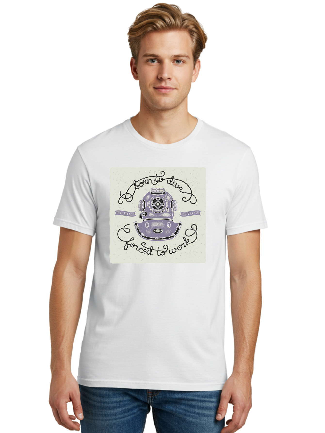 Born-To-Dive Men'S Graphic Tee, 100% Cotton, Comfortable Casual Summer Wear, Machine Washable, Scuba Diver, Diving Helmet, Underwater Adventure, Ocean Exploration, Vintage Diving Gear, Scuba Diving, Diver'S Life, Born To Dive, Forced To Work, Aac433